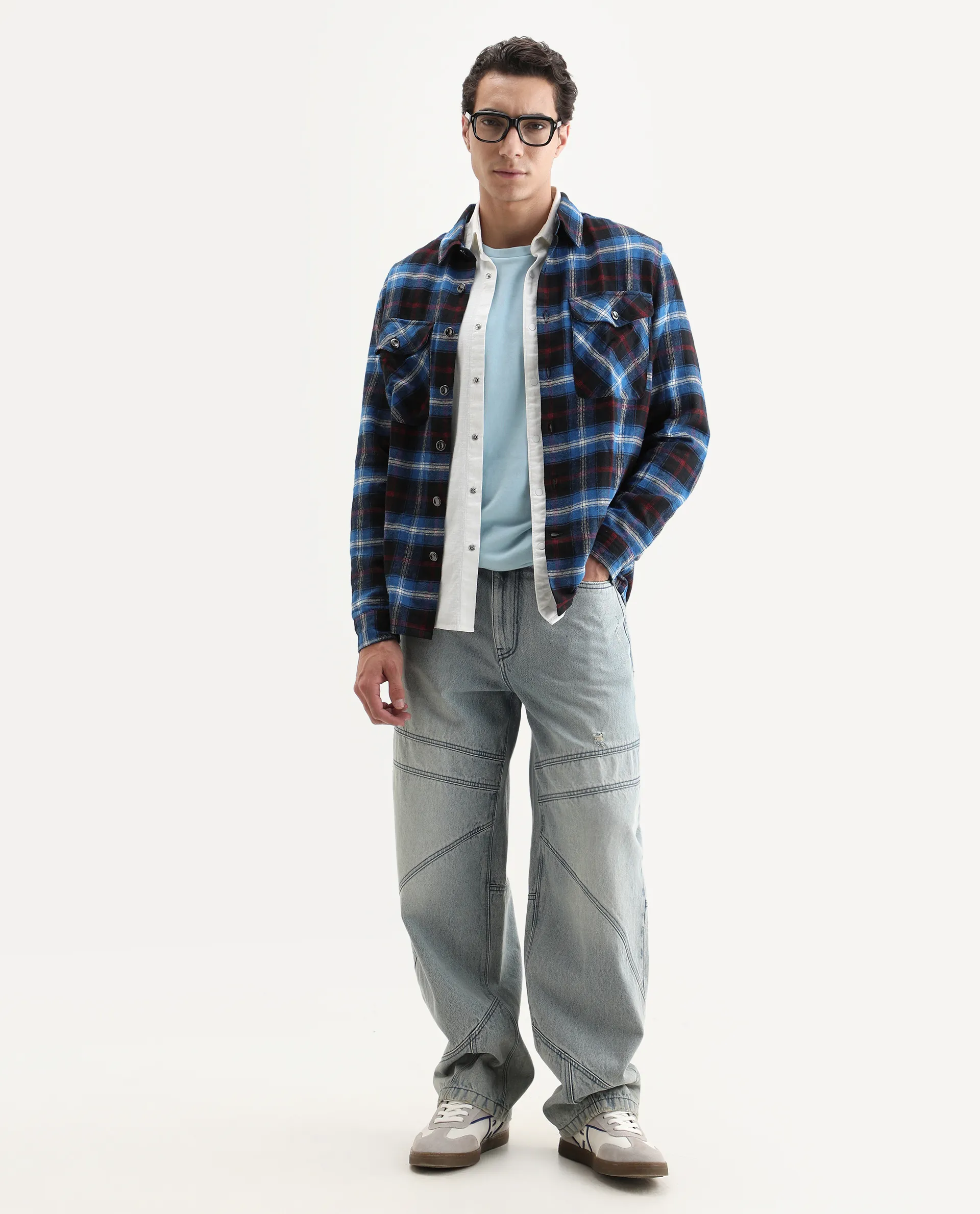 Rare Rabbit Men's Bardot Dark Blue Cotton Checked Print Relaxed Fit Full Sleeve Collared Shacket - Image 2