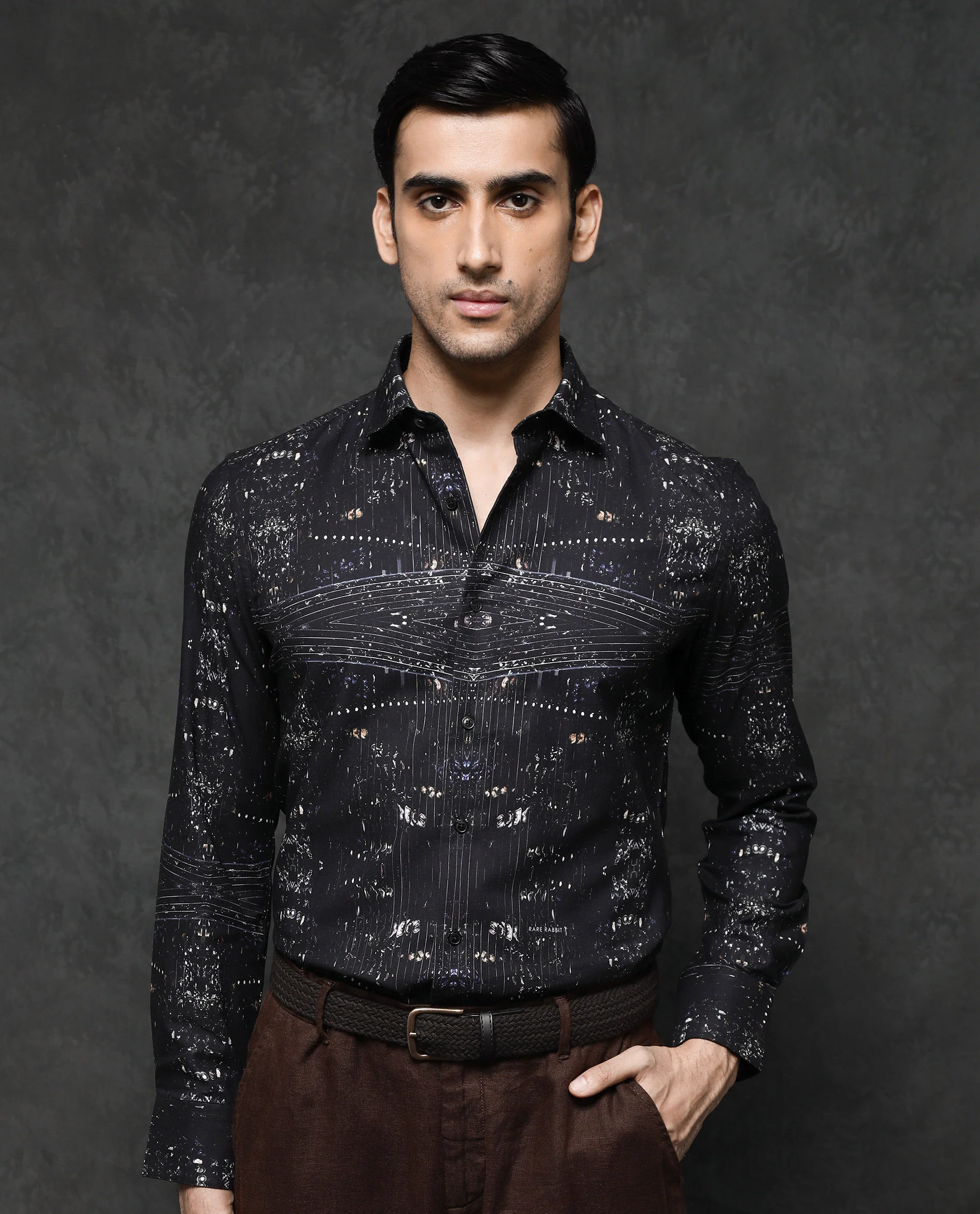 Rare Rabbit Men's Basco Black Viscose Abstract Print Regular Fit Full Sleeve Collared Shirt