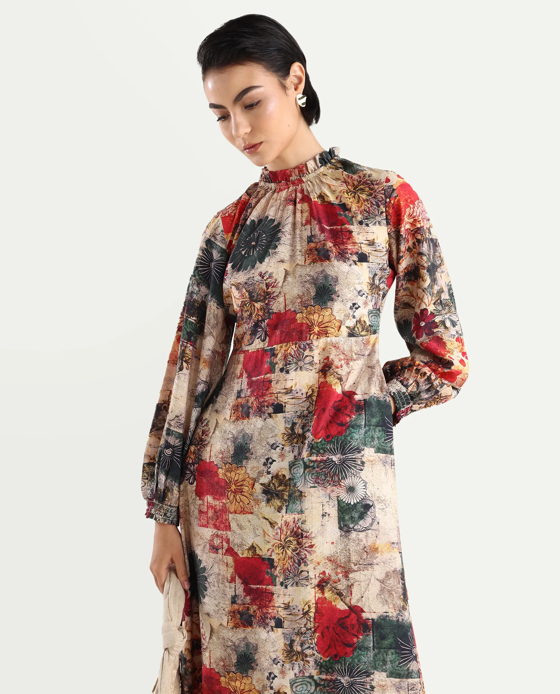 Rareism Women's Baylo Dusky Multi Cotton Blend Sweetheart Neck Abstract Print Smocked Sleeve Midi Asymmetric Dress - Image 3