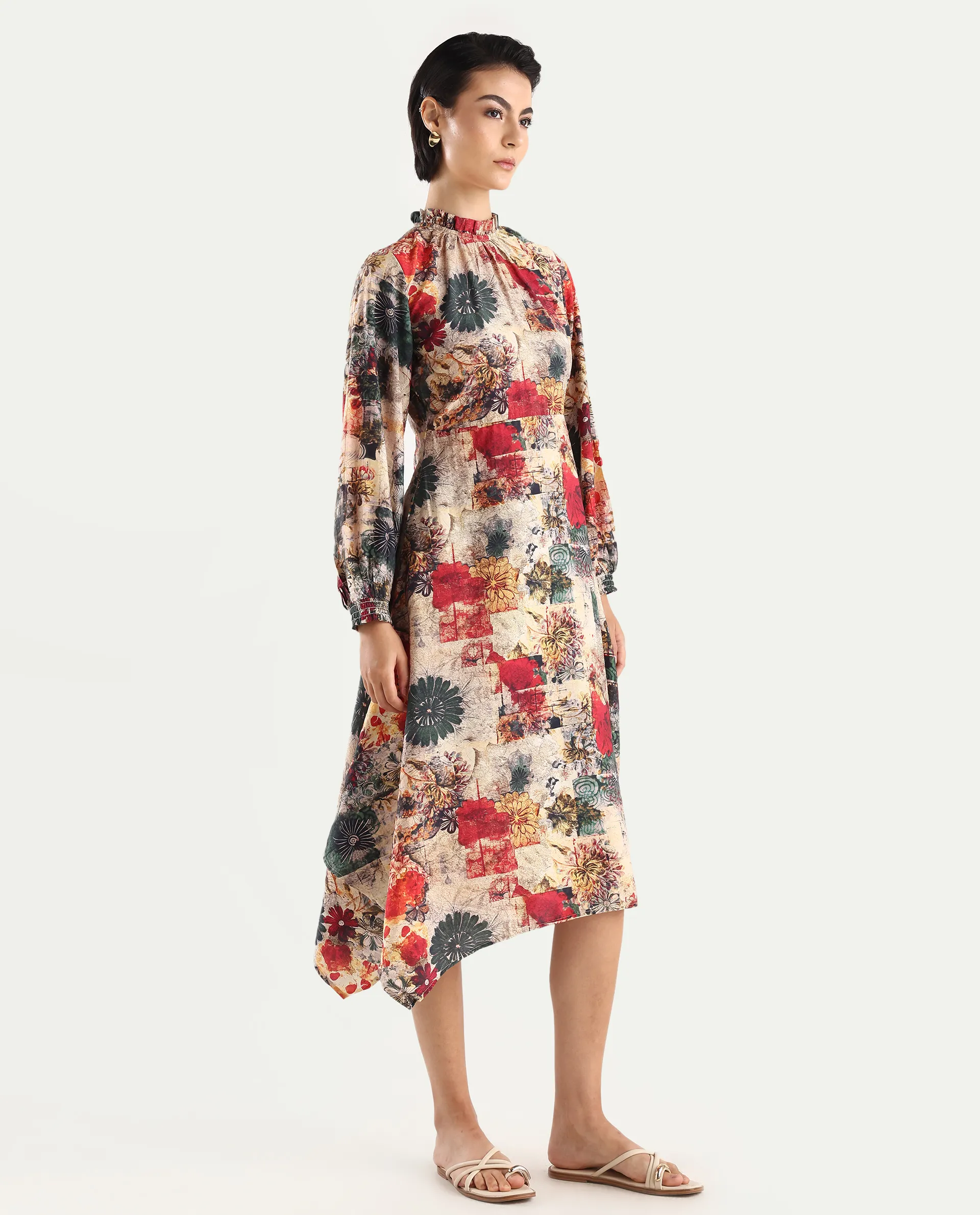 Rareism Women's Baylo Dusky Multi Cotton Blend Sweetheart Neck Abstract Print Smocked Sleeve Midi Asymmetric Dress - Image 6