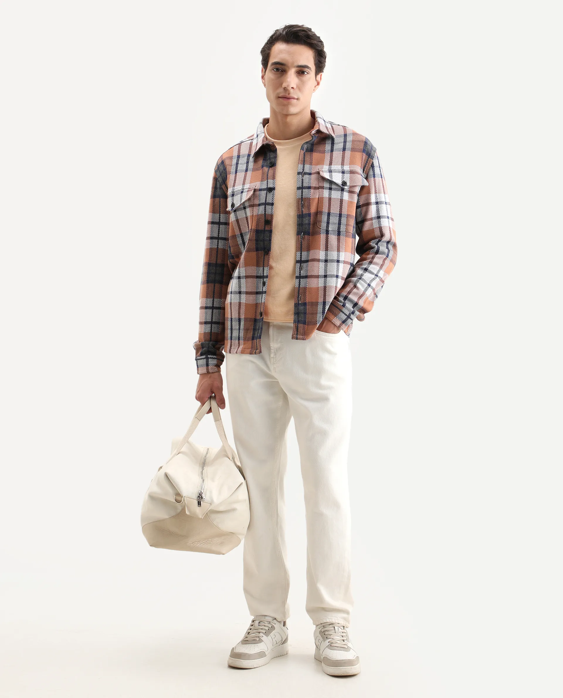 Rare Rabbit Men's Bello Rust Cotton Checked Print Relaxed Fit Full Sleeve Collared Shacket - Image 2