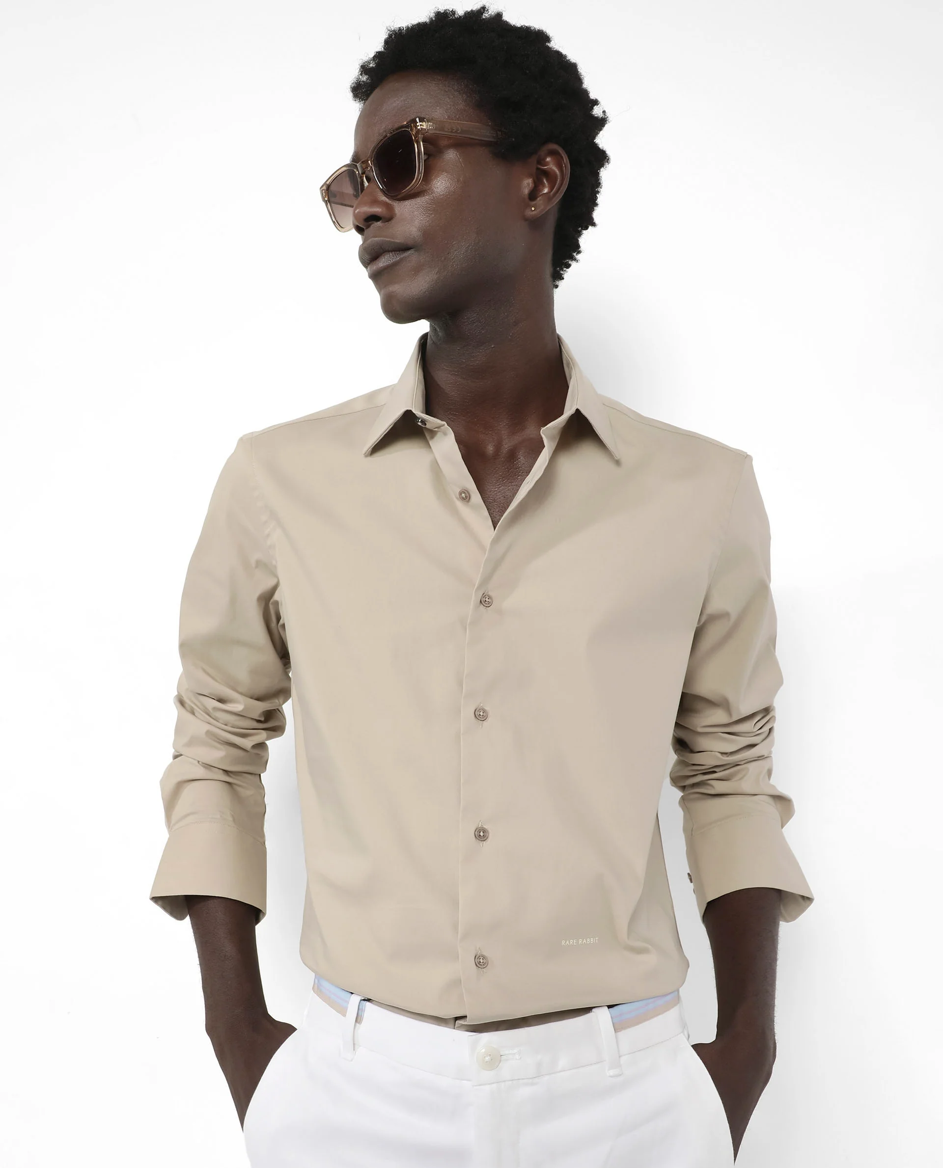 Rare Rabbit Men's Benedict Beige Cotton Plain Regular Fit Full Sleeve Collared Shirt