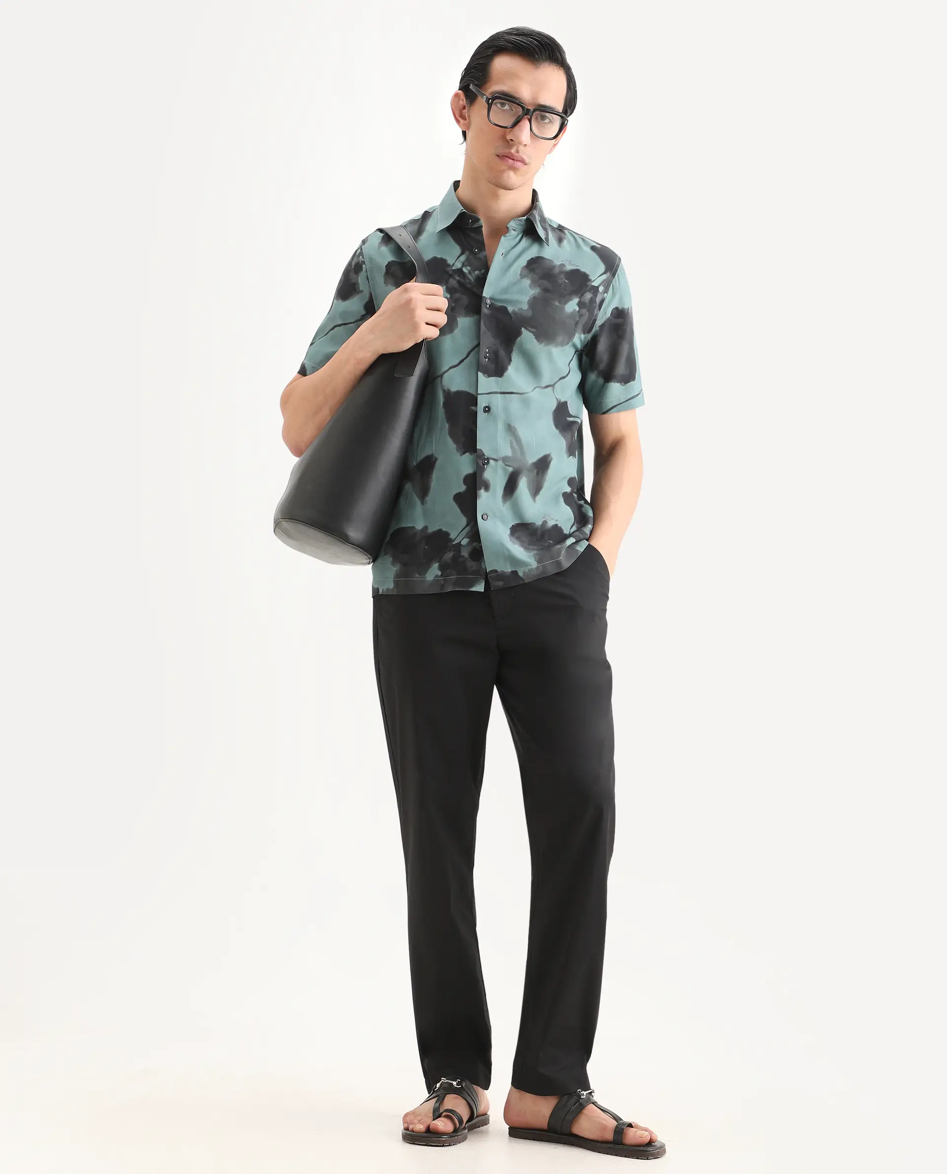 Rare Rabbit Men Bene Black Cotton Blend Fabric Button Closure Straight Fit Plain Trouser