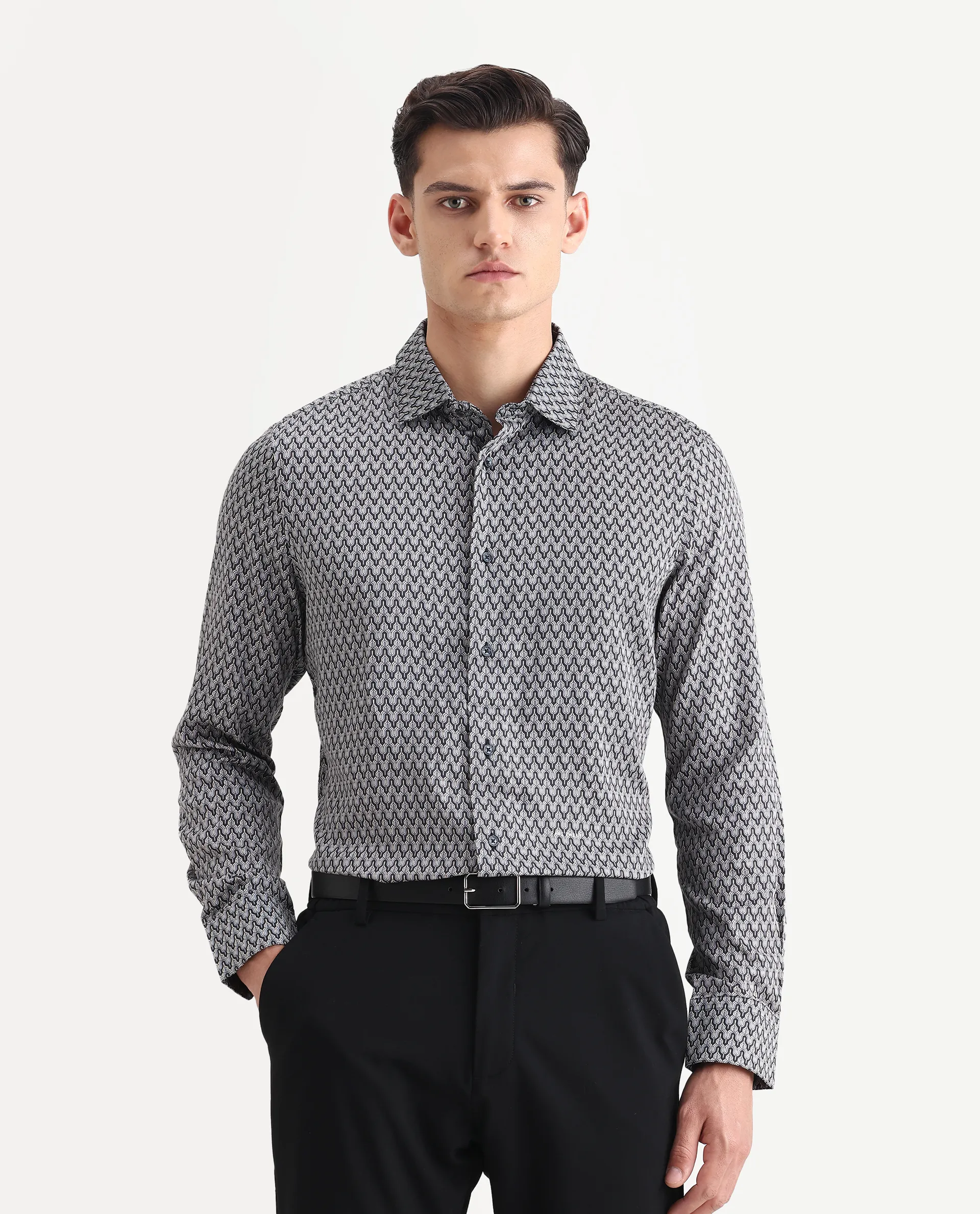 Rare Rabbit Men's Benor Grey Satin Abstract Print Regular Fit Full Sleeve Collared Shirt