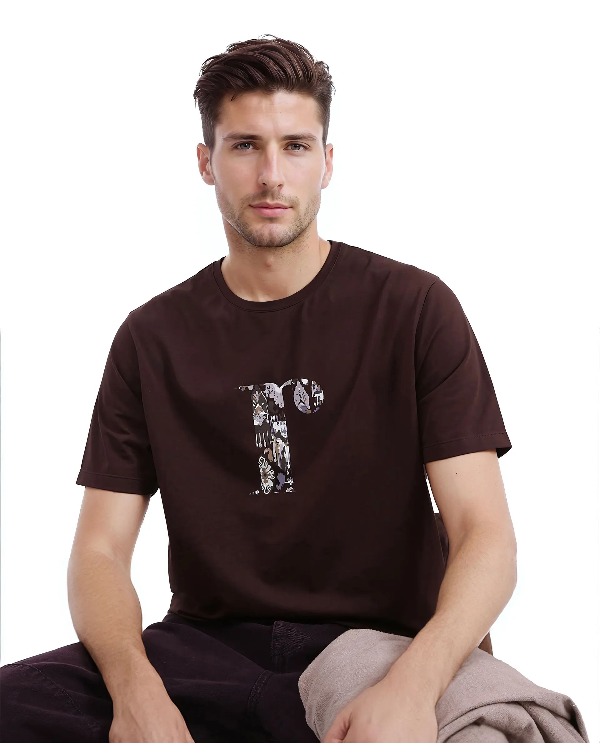 Rare Rabbit Men's Bent Dark Brown Cotton Graphic Print Regular Fit Half Sleeve Crew Neck T-Shirt
