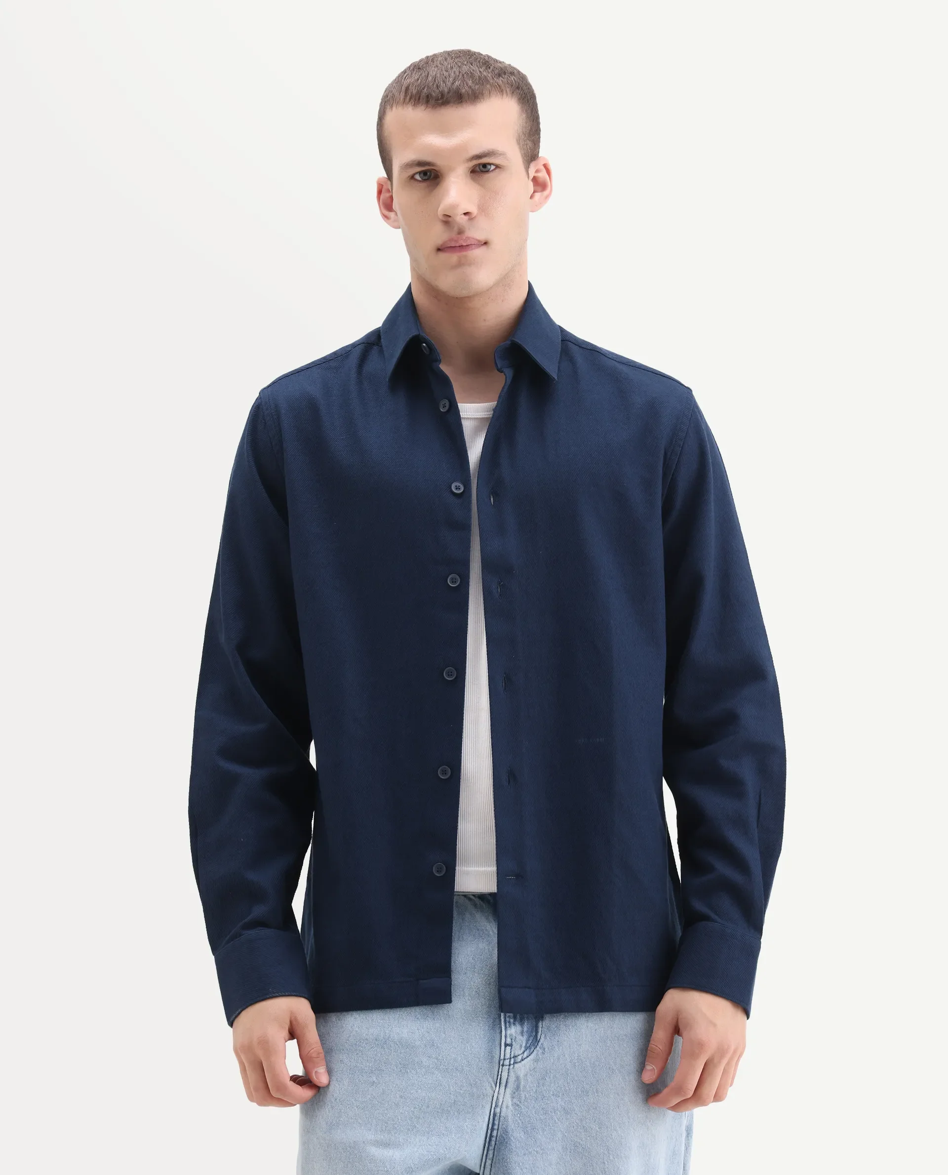 Rare Rabbit Men's Berk-Fs Navy Cotton Fabric Full Sleeve Regular Fit Plain Shirt - Image 2