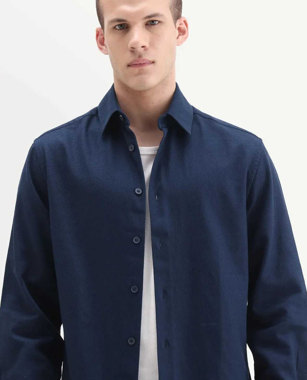 Rare Rabbit Men's Berk-Fs Navy Cotton Fabric Full Sleeve Regular Fit Plain Shirt - Image 3