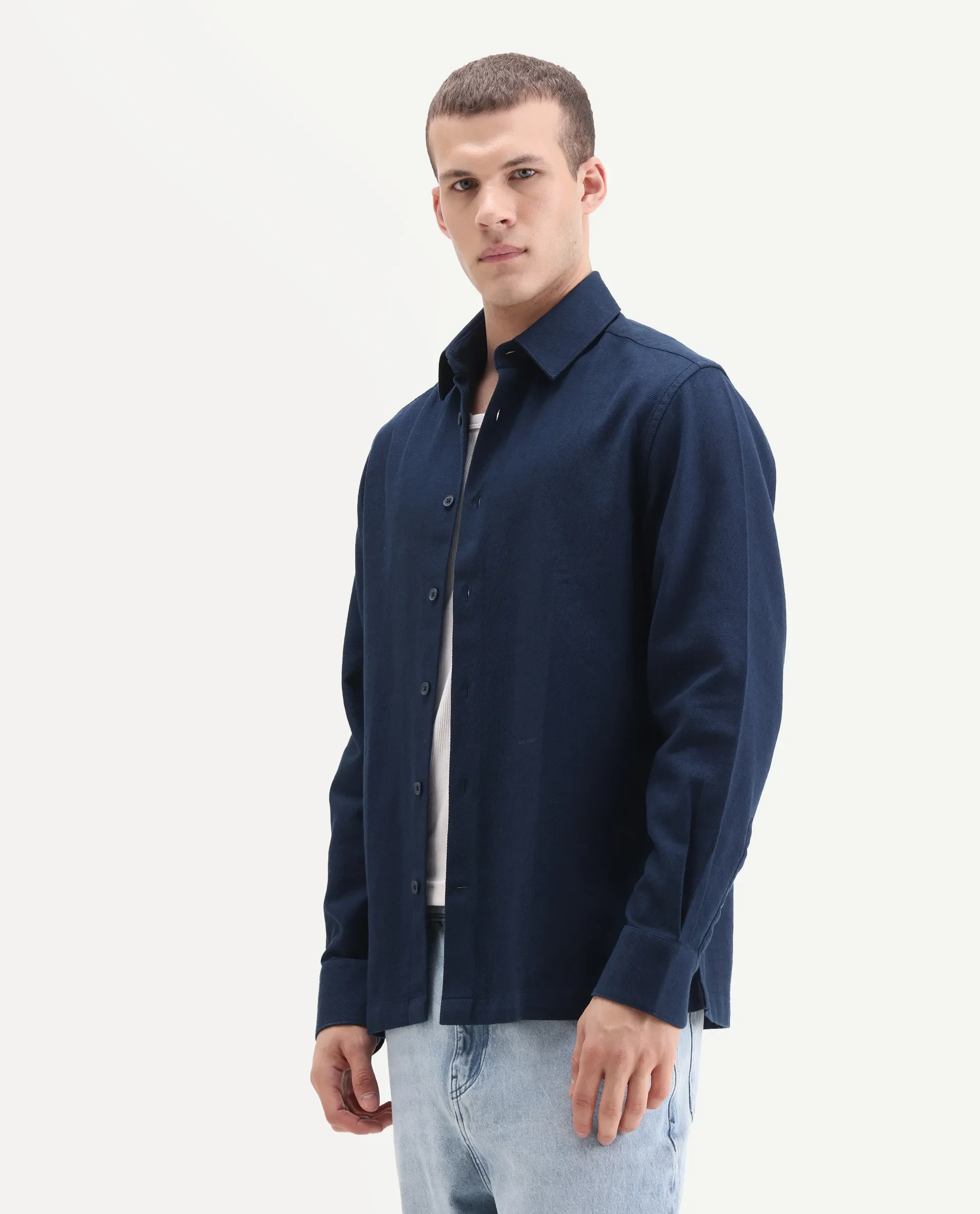 Rare Rabbit Men's Berk-Fs Navy Cotton Fabric Full Sleeve Regular Fit Plain Shirt - Image 4