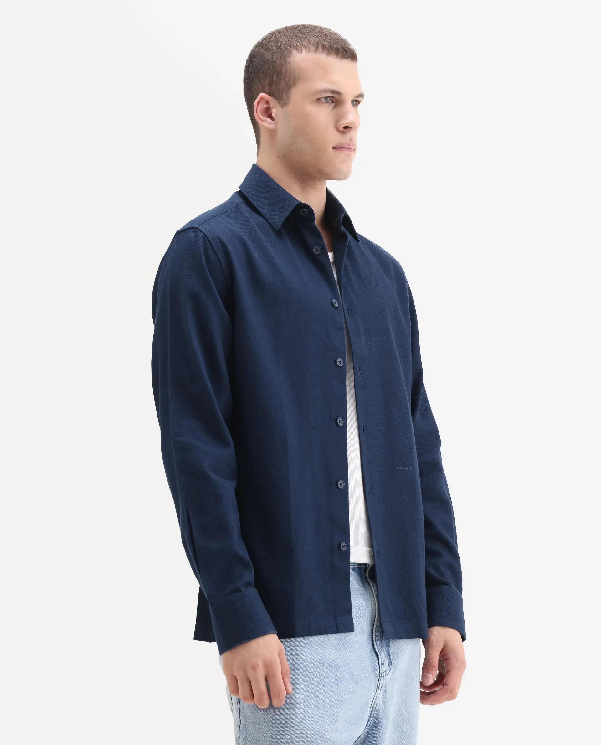 Rare Rabbit Men's Berk-Fs Navy Cotton Fabric Full Sleeve Regular Fit Plain Shirt - Image 5