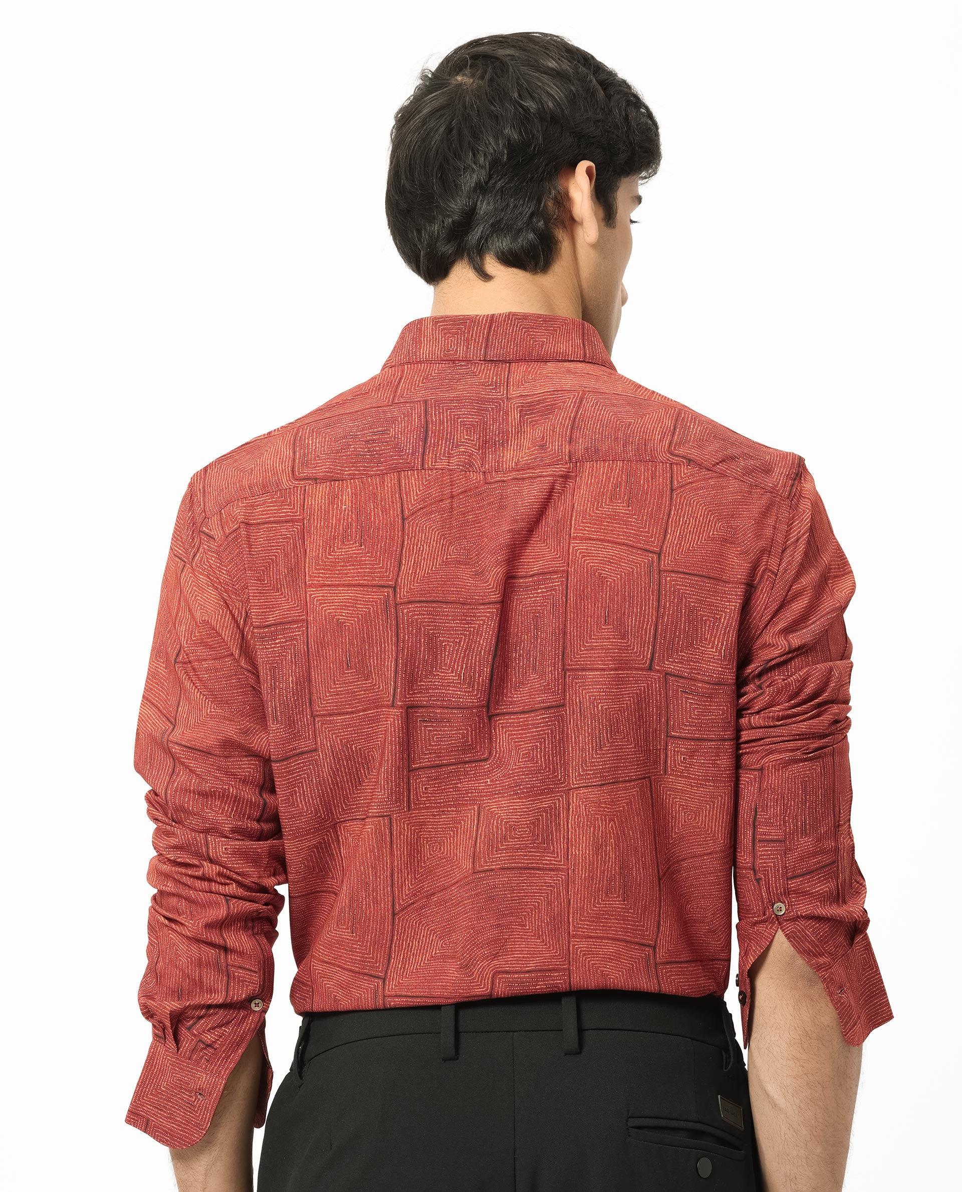 Rare Rabbit Men's Berman Rust Viscose Geometric Print Regular Fit Full Sleeve Collared Shirt - Image 8