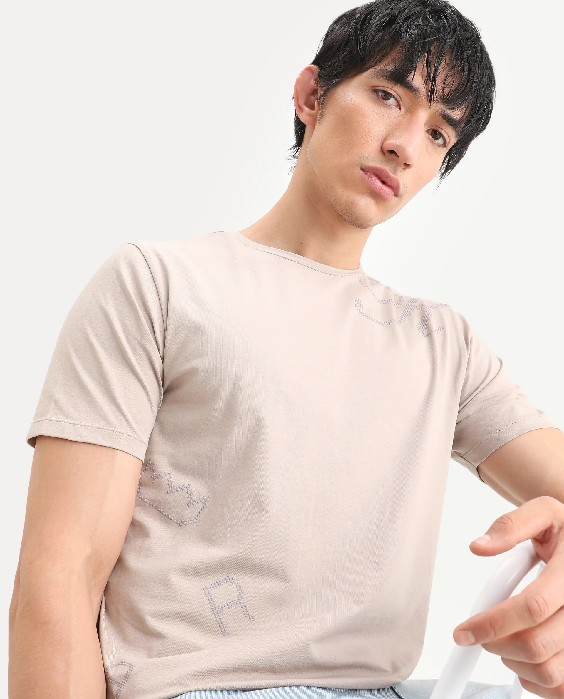 Rare Rabbit Men's Bex Light Beige Cotton Blend Fabric Half Sleeve Crew Neck Regular Fit Graphic Print T-Shirt