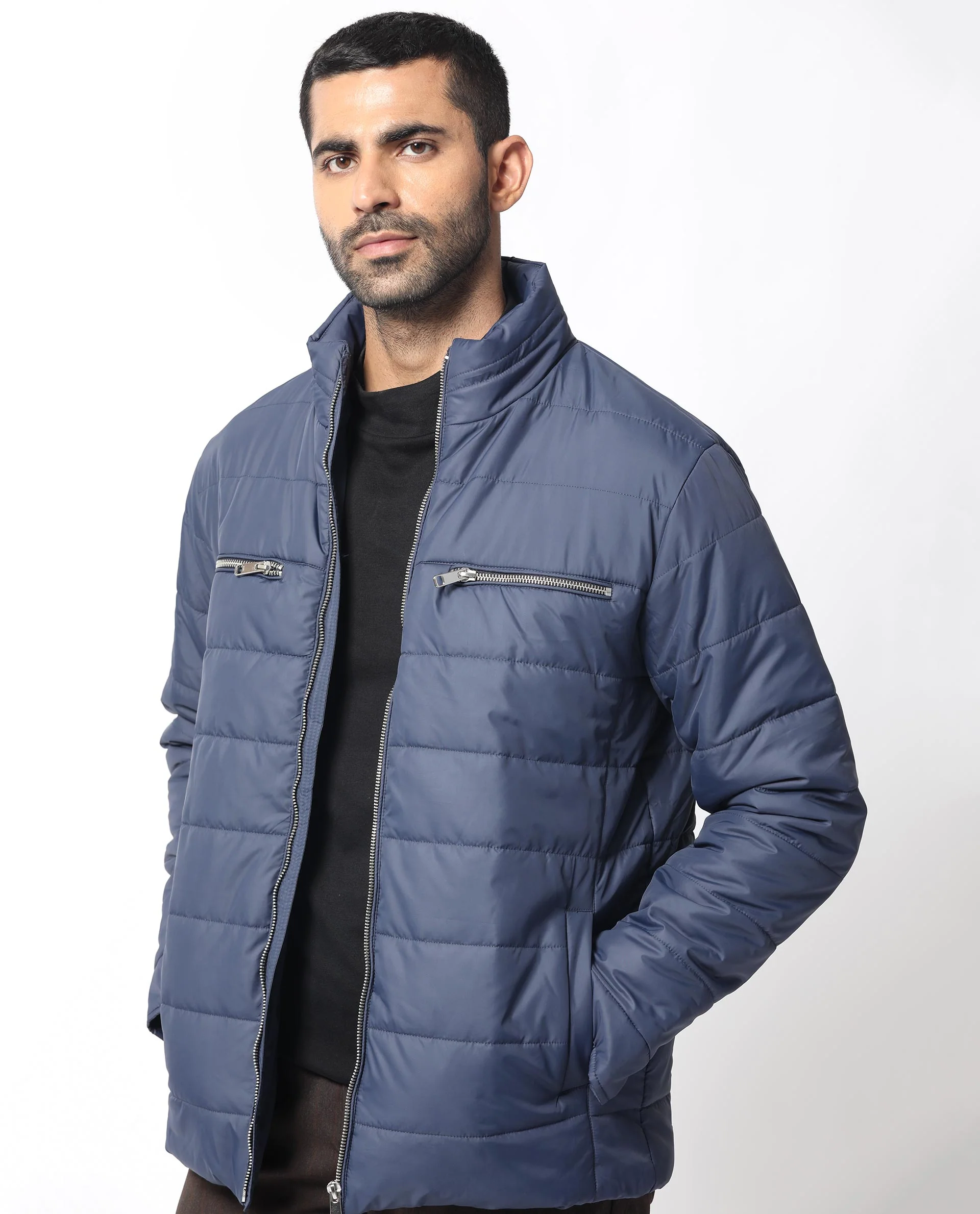 Rare Rabbit Men's Beylor Dark Navy Polyester Plain Regular Fit Full Sleeve High Neck Jacket - Image 6
