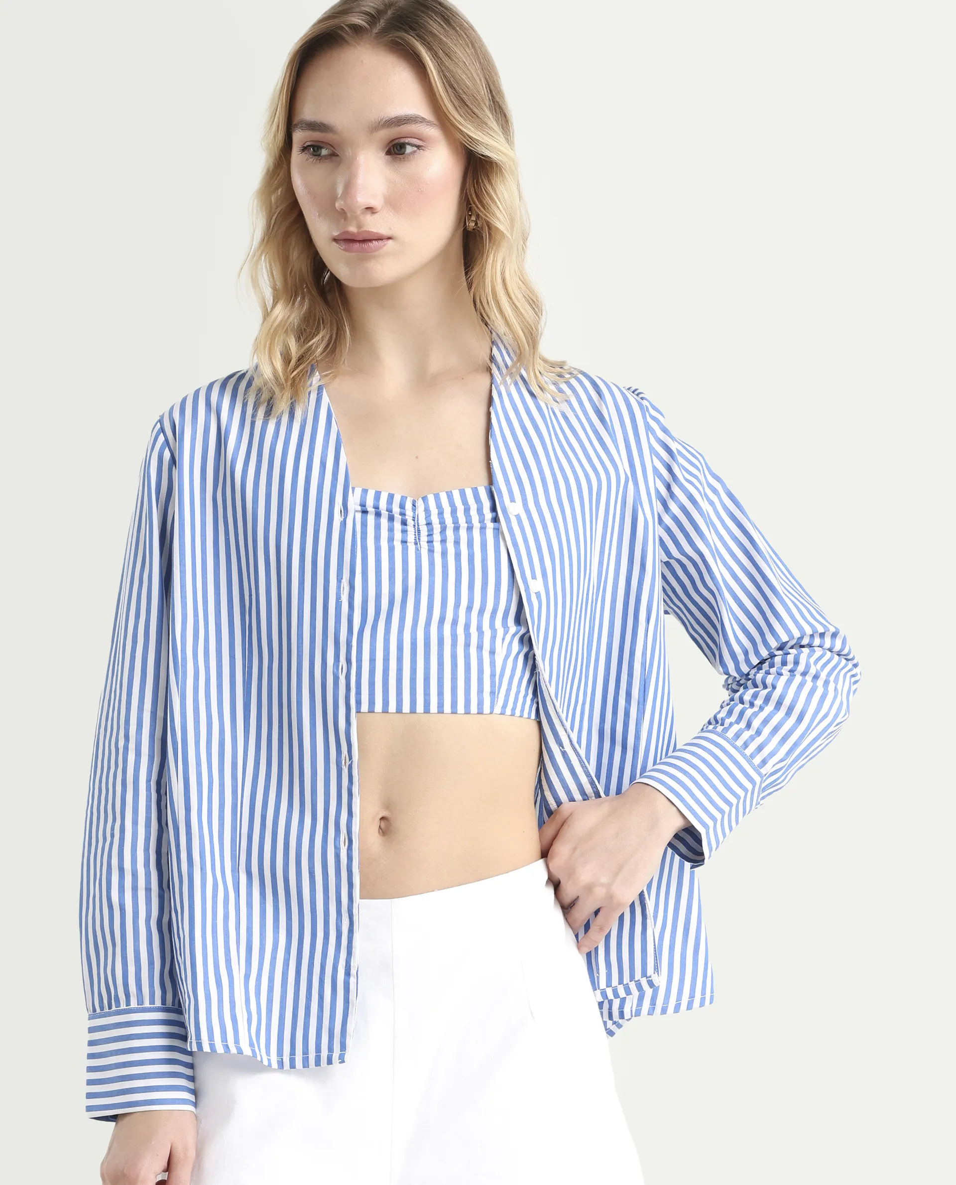 Rareism Women's Bhacan Blue Cotton V-Neck Striped Cuffed Sleeve Relaxed Fit Shirt