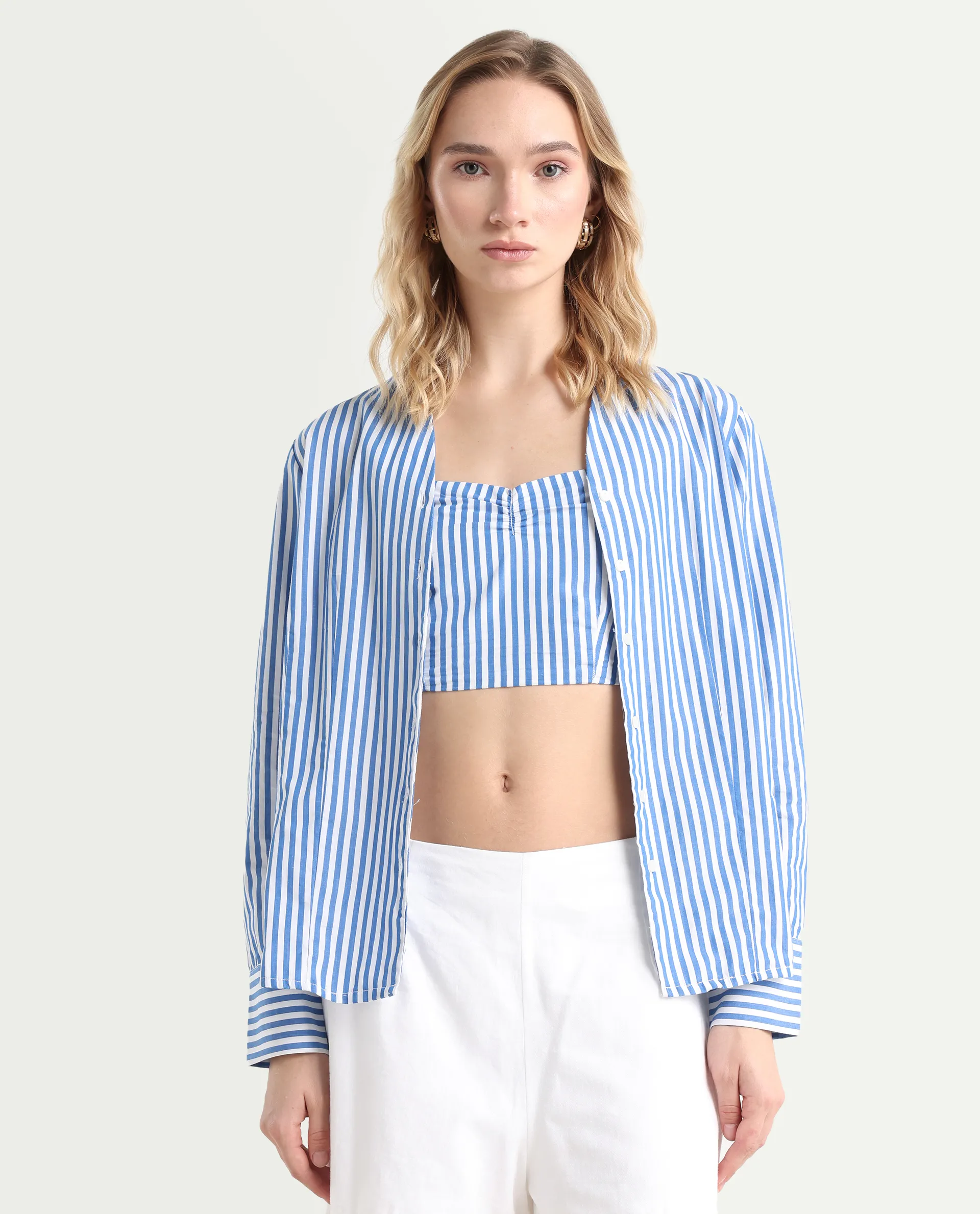 Rareism Women's Bhacan Blue Cotton V-Neck Striped Cuffed Sleeve Relaxed Fit Shirt - Image 3