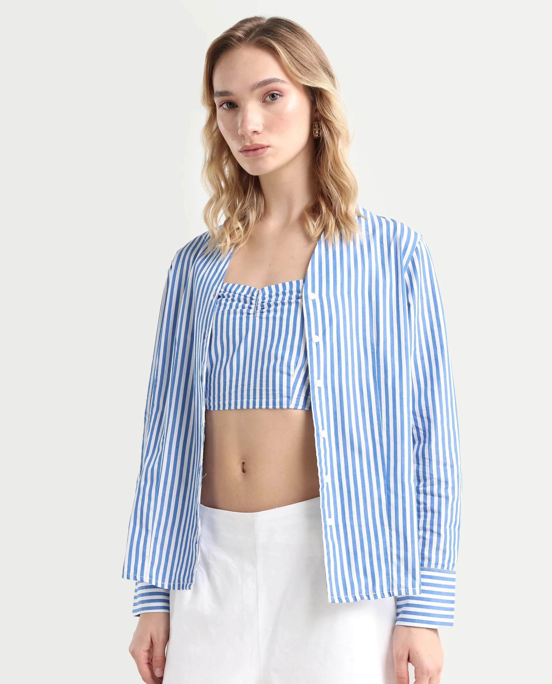 Rareism Women's Bhacan Blue Cotton V-Neck Striped Cuffed Sleeve Relaxed Fit Shirt - Image 6