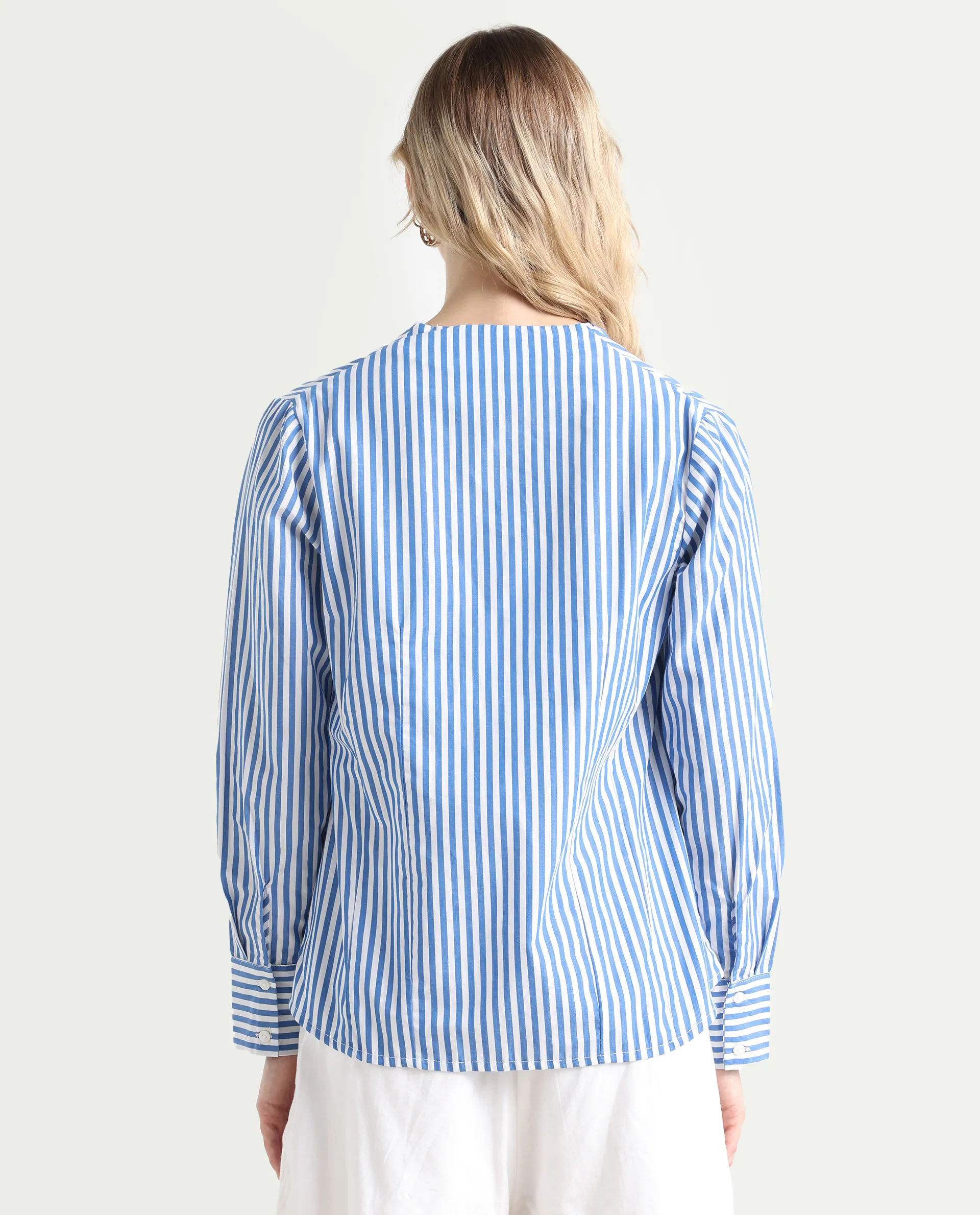 Rareism Women's Bhacan Blue Cotton V-Neck Striped Cuffed Sleeve Relaxed Fit Shirt - Image 8