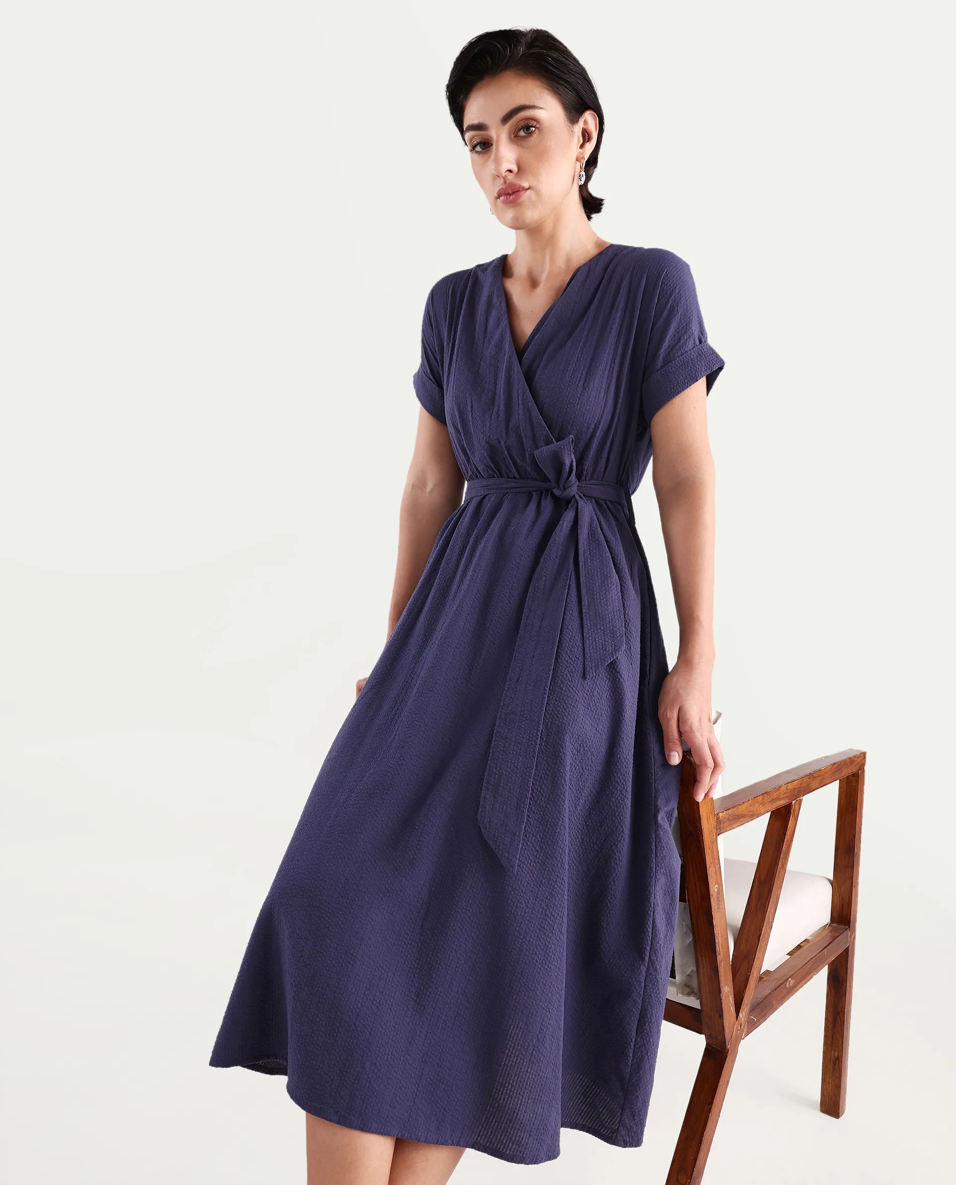 Rareism Women's Bhamin Navy Cotton Overlap Neck Plain Extended Sleeves Midi Fit And Flare Dress - Image 2