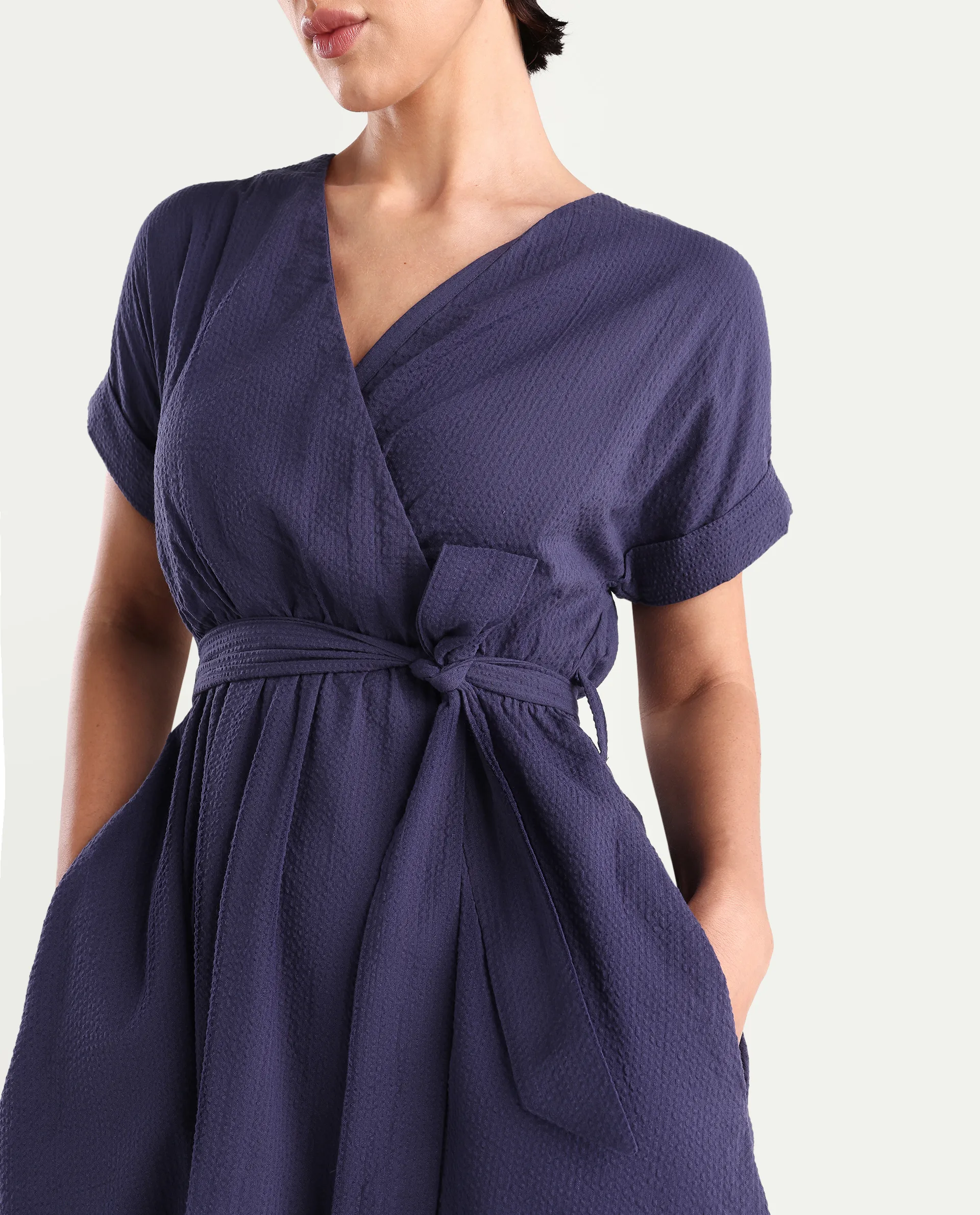 Rareism Women's Bhamin Navy Cotton Overlap Neck Plain Extended Sleeves Midi Fit And Flare Dress - Image 4