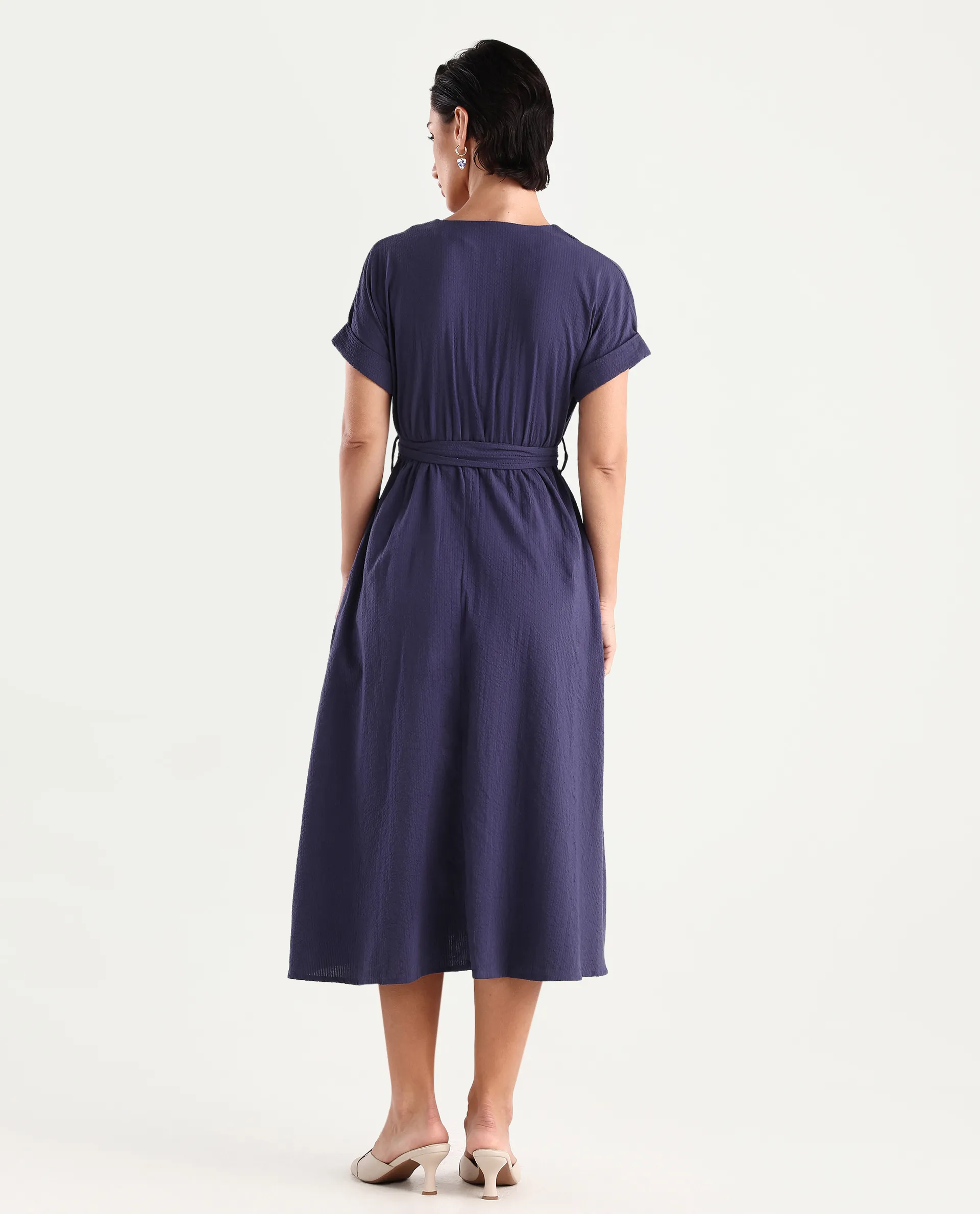 Rareism Women's Bhamin Navy Cotton Overlap Neck Plain Extended Sleeves Midi Fit And Flare Dress - Image 7