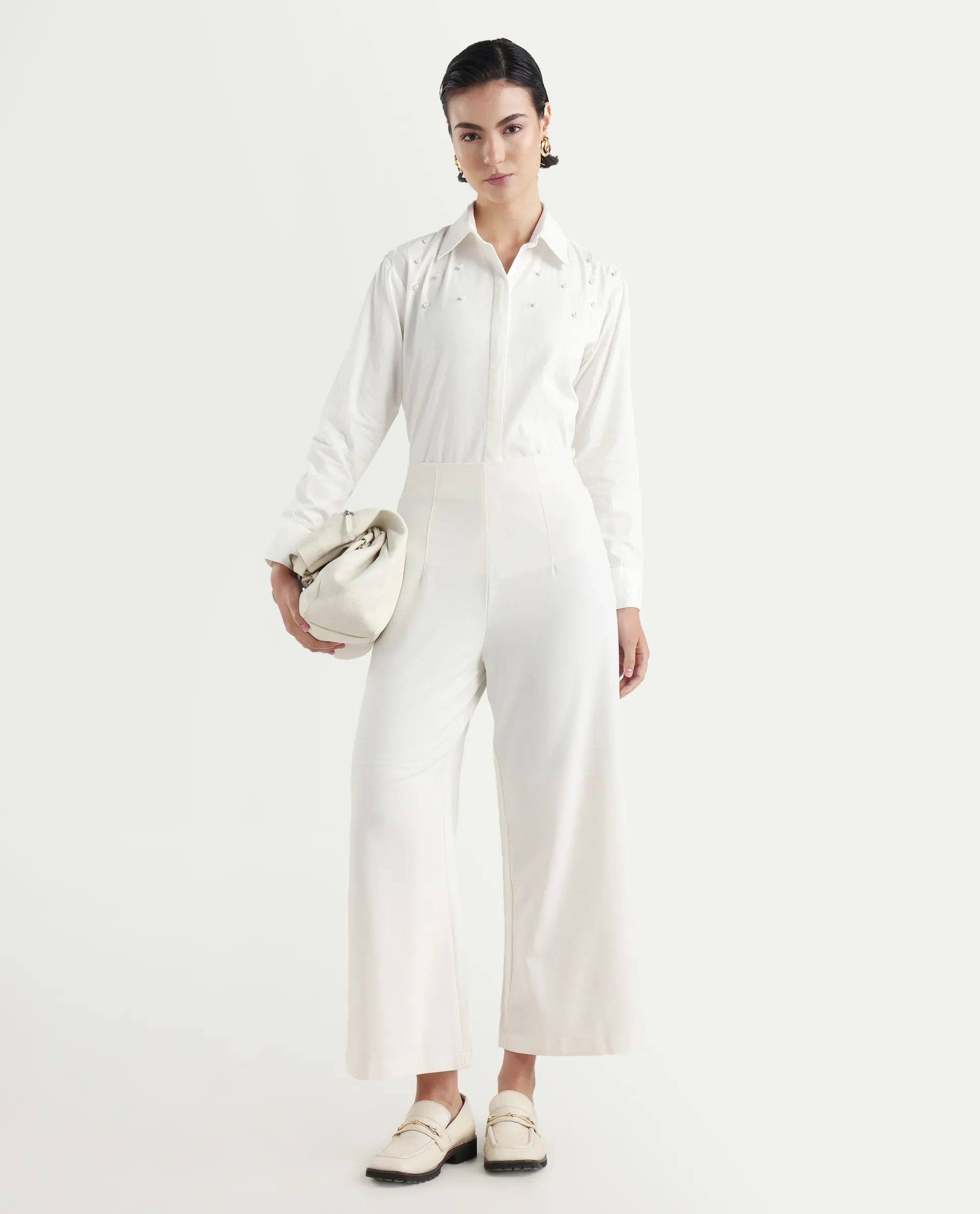 Rareism Women's Bhanik White Cotton Spread Collar Plain Cuffed Sleeve Regular Fit Shirt - Image 2