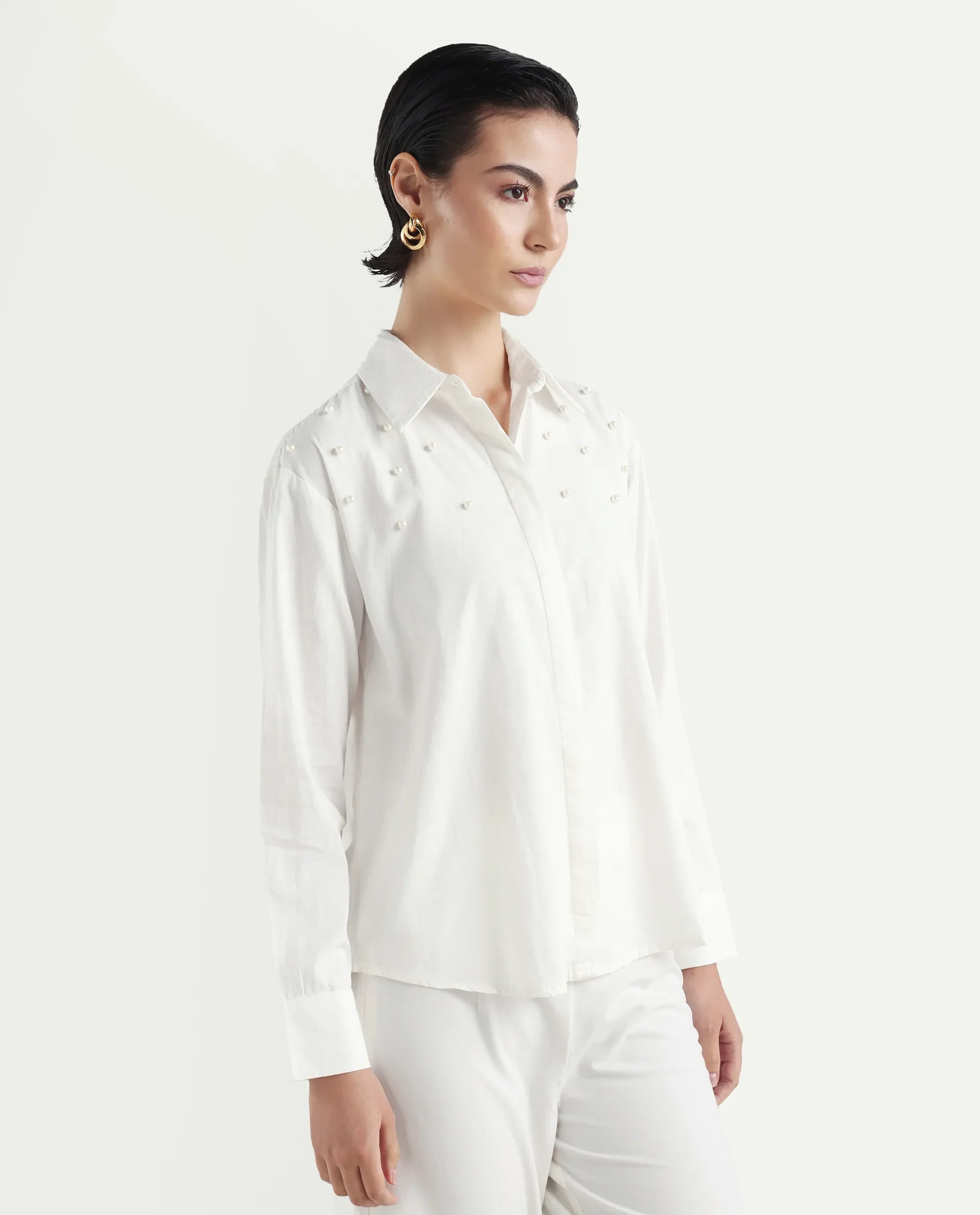 Rareism Women's Bhanik White Cotton Spread Collar Plain Cuffed Sleeve Regular Fit Shirt - Image 6
