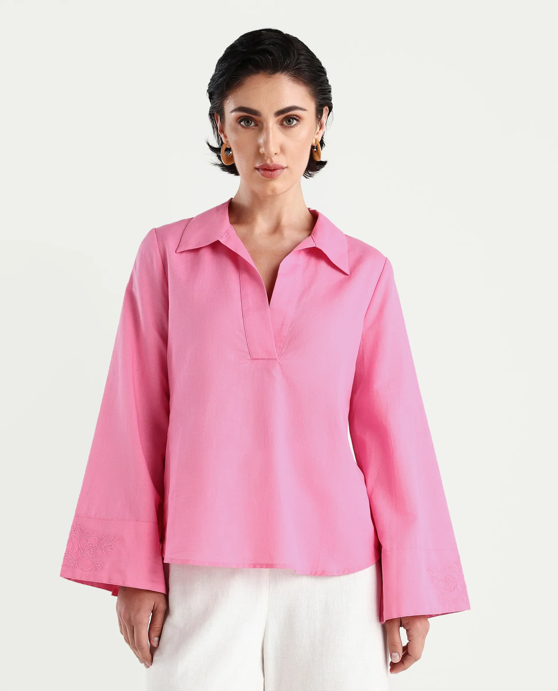 Rareism Women's Bhanis Light Pink Cotton Blend Spread Collar Plain Bell Sleeve Relaxed Fit Top - Image 4