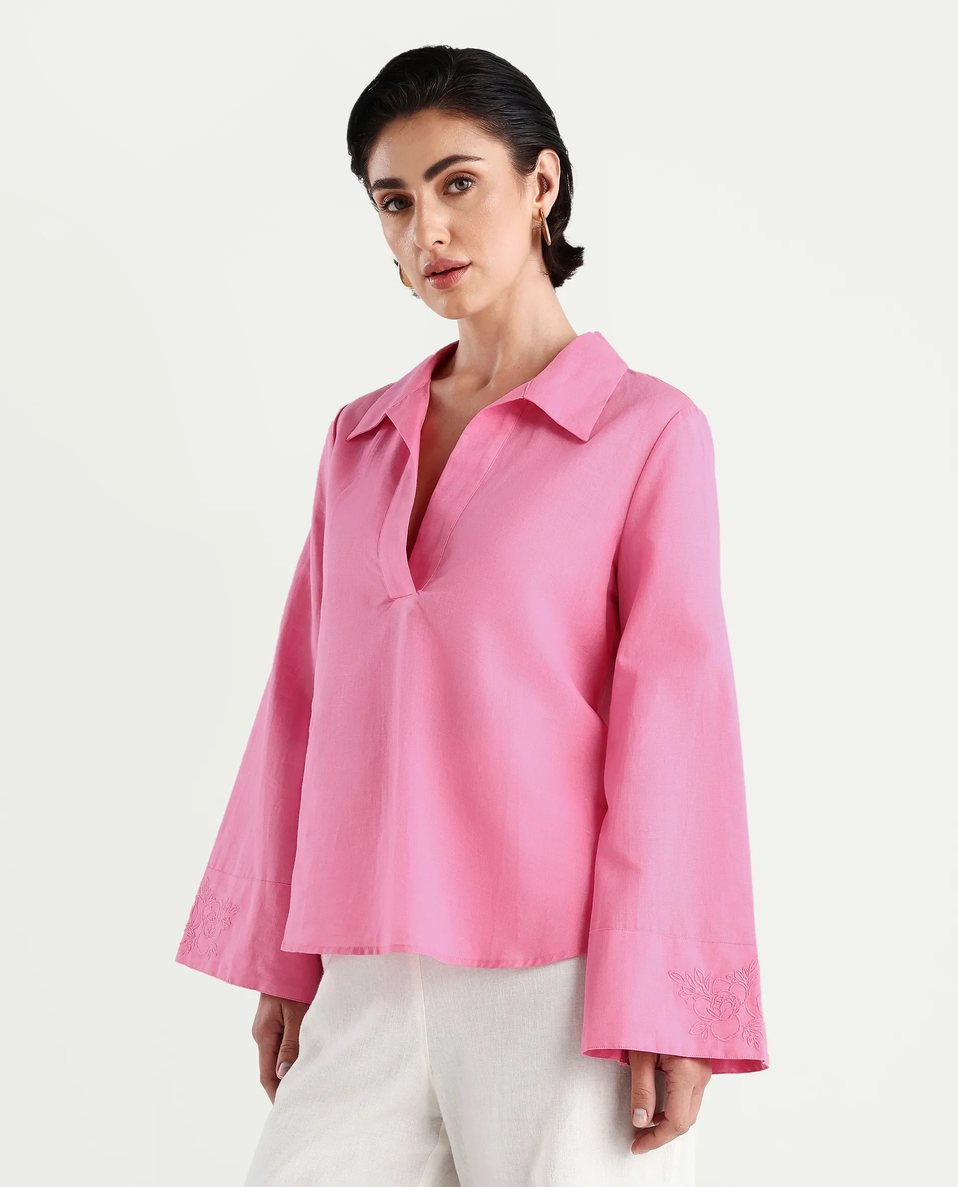 Rareism Women's Bhanis Light Pink Cotton Blend Spread Collar Plain Bell Sleeve Relaxed Fit Top - Image 5