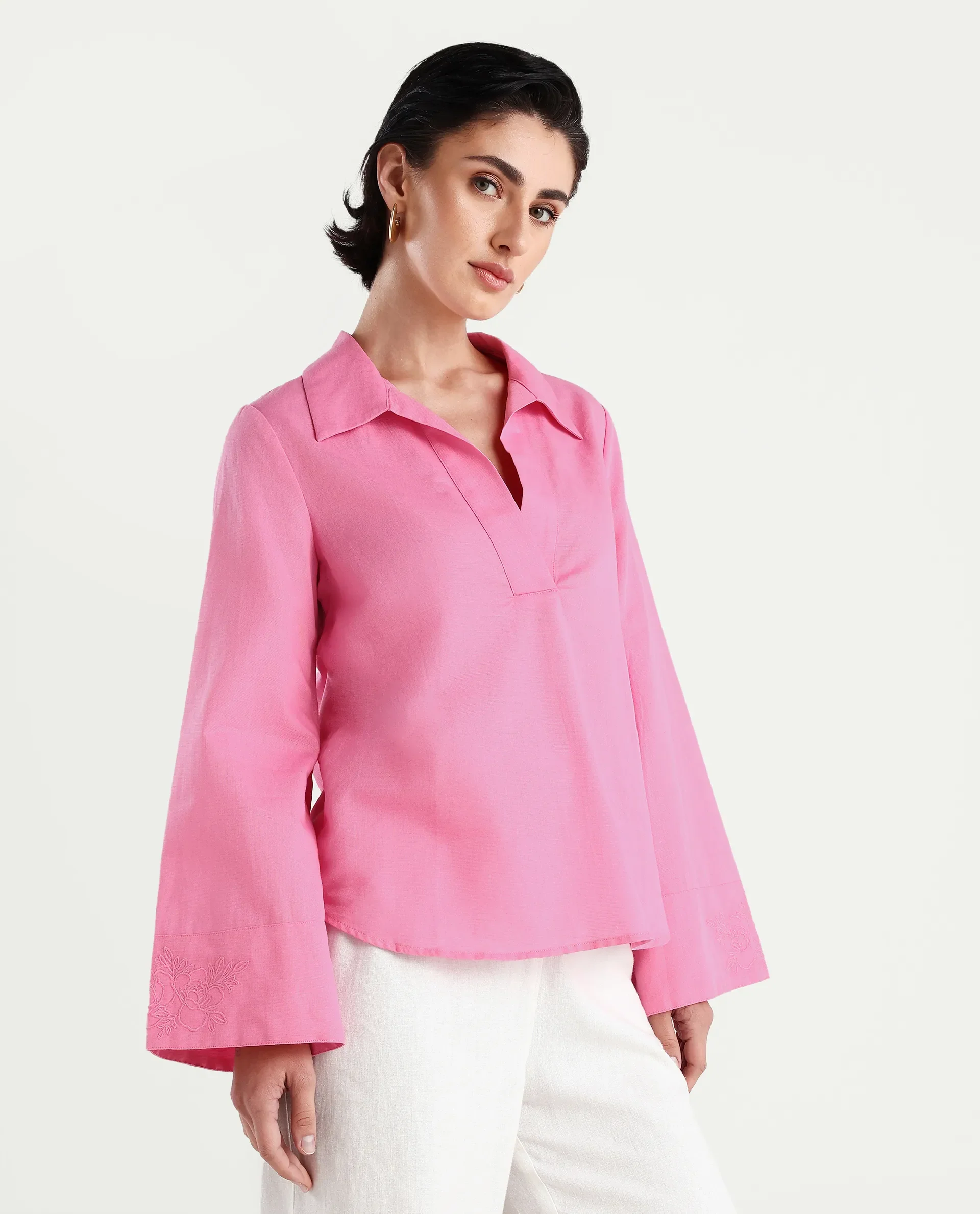 Rareism Women's Bhanis Light Pink Cotton Blend Spread Collar Plain Bell Sleeve Relaxed Fit Top - Image 6