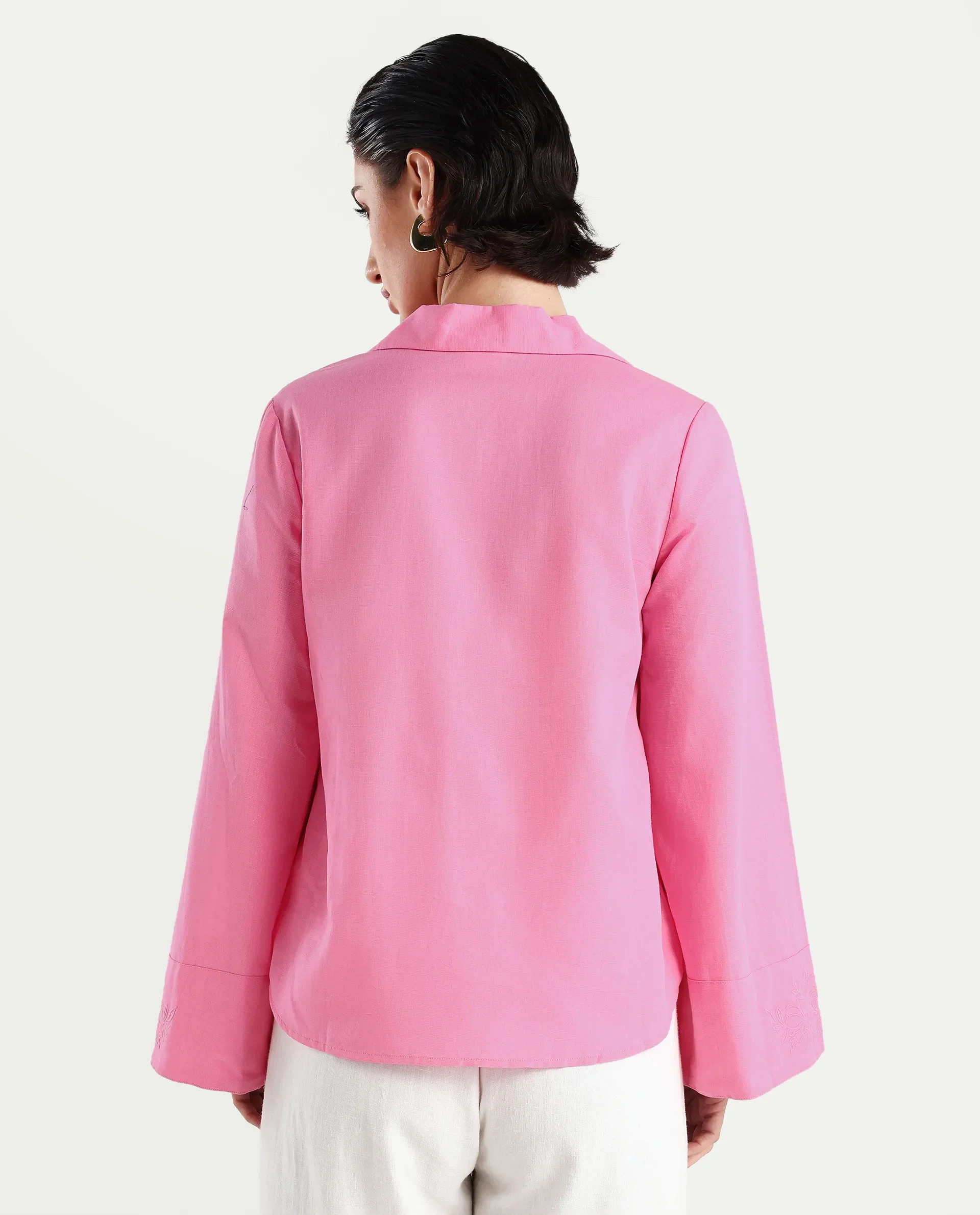 Rareism Women's Bhanis Light Pink Cotton Blend Spread Collar Plain Bell Sleeve Relaxed Fit Top - Image 7