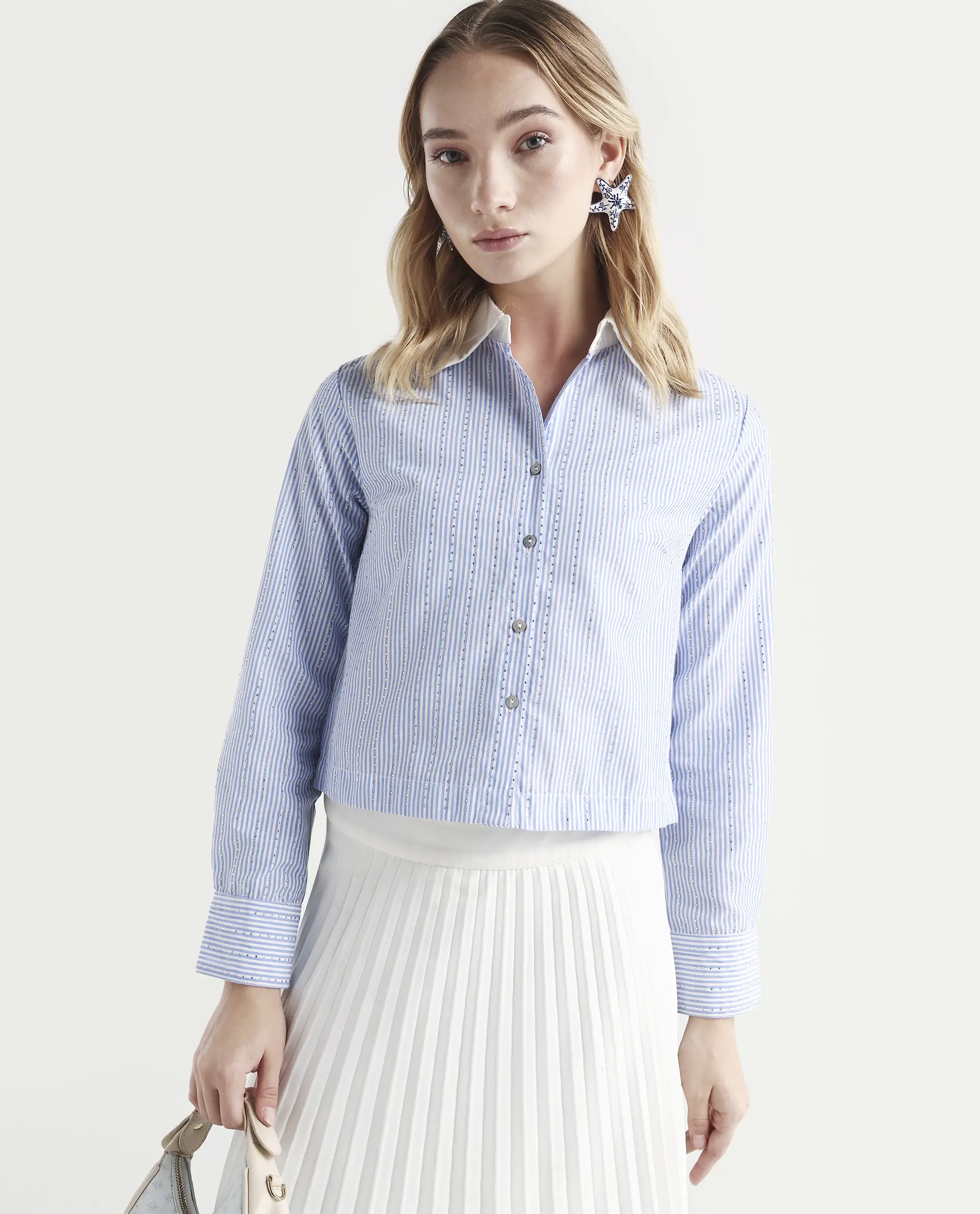 Rareism Women's Bharli Light Blue Cotton Spread Collar Striped Cuffed Sleeve Crop Regular Fit Shirt