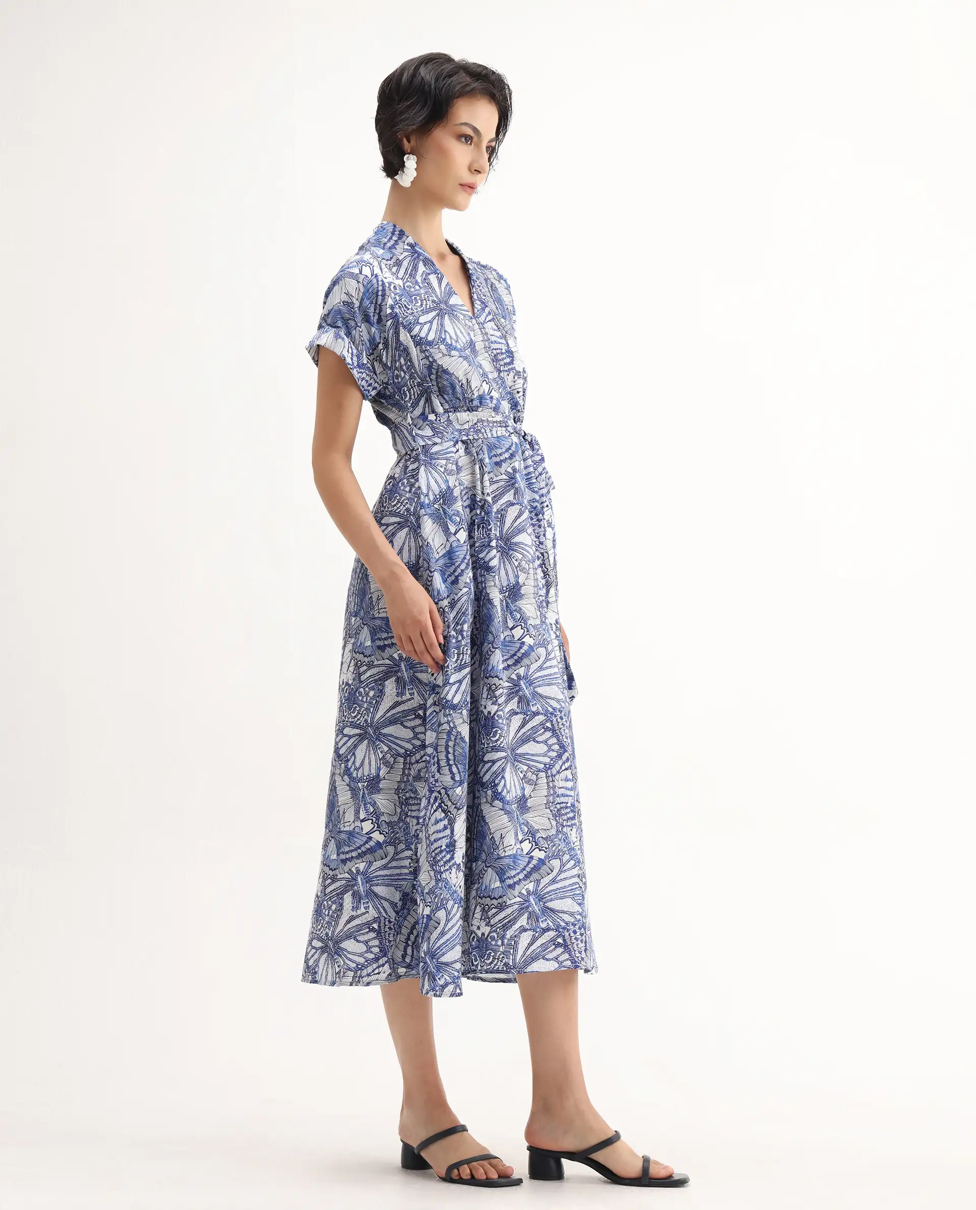 Rareism Women's Bharnaj Blue Cotton Johnny Collar Abstract Print Kimono Sleeve Midi Flared Dress - Image 6
