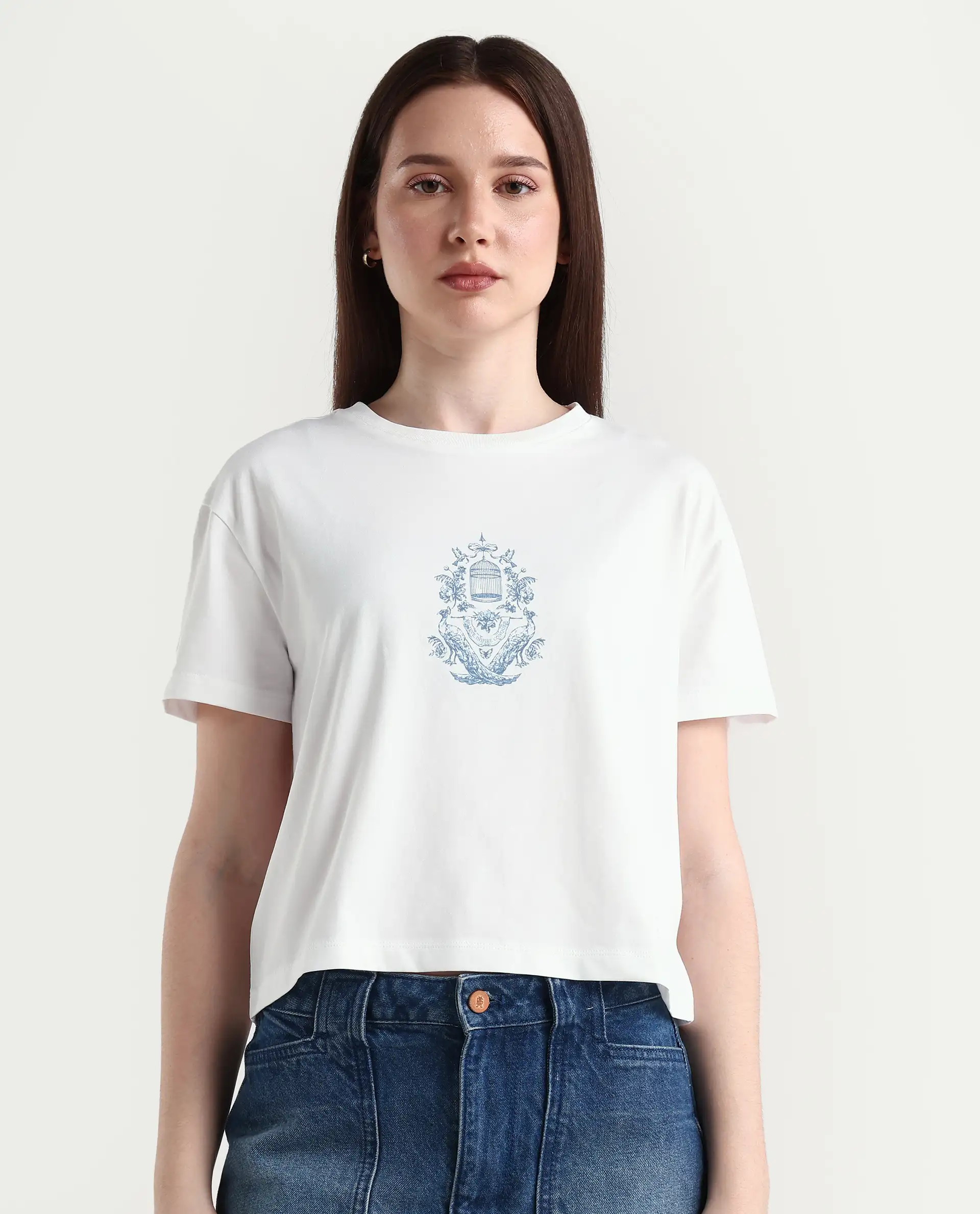 Rareism Women's Bharop Off White Cotton Blend Crew Neck Graphic Print Crop Regular Fit T-Shirt - Image 3