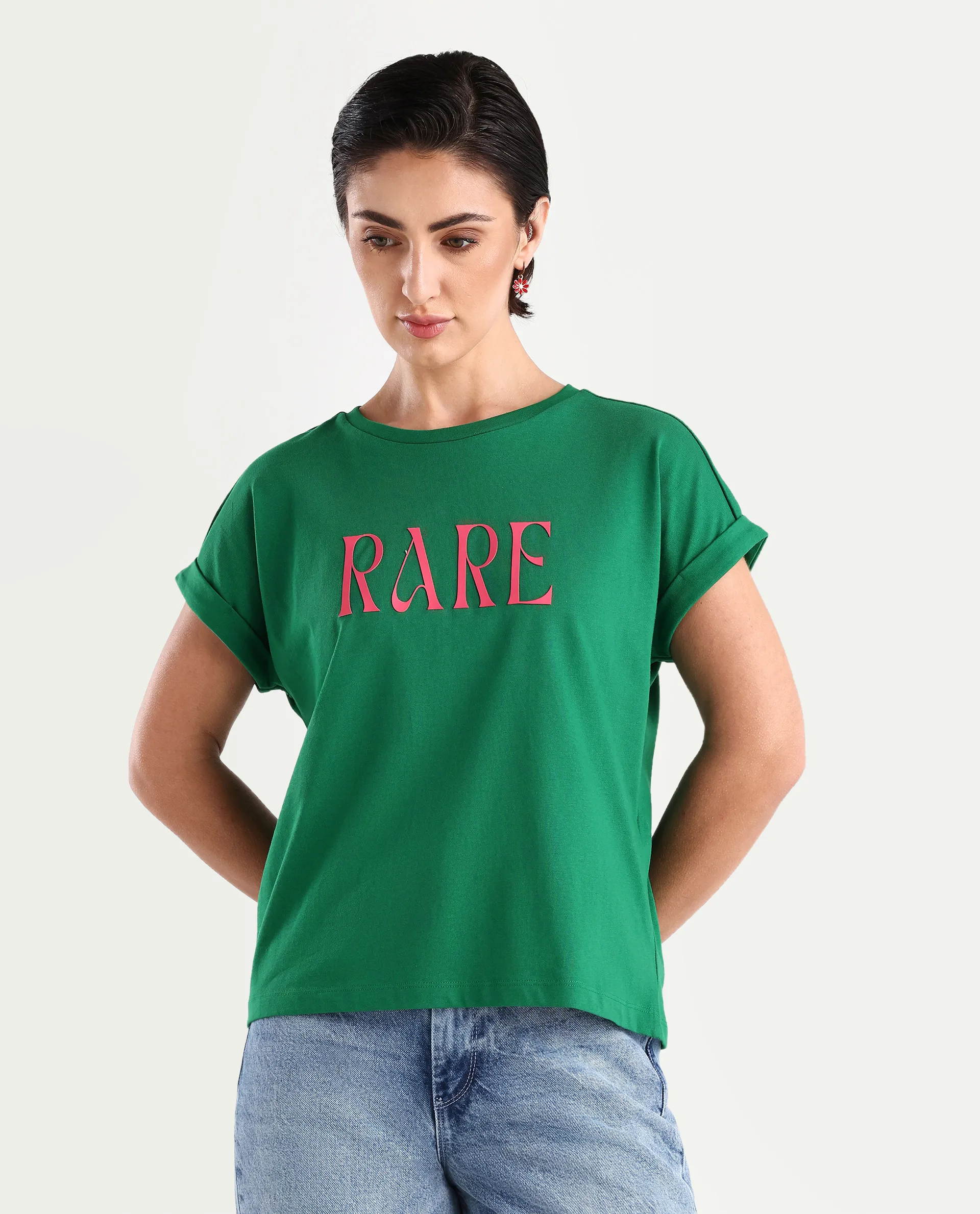 Rareism Women's Bhars Green Cotton Crew Neck Typography Print Extended Sleeves Regular Fit T-Shirt - Image 3