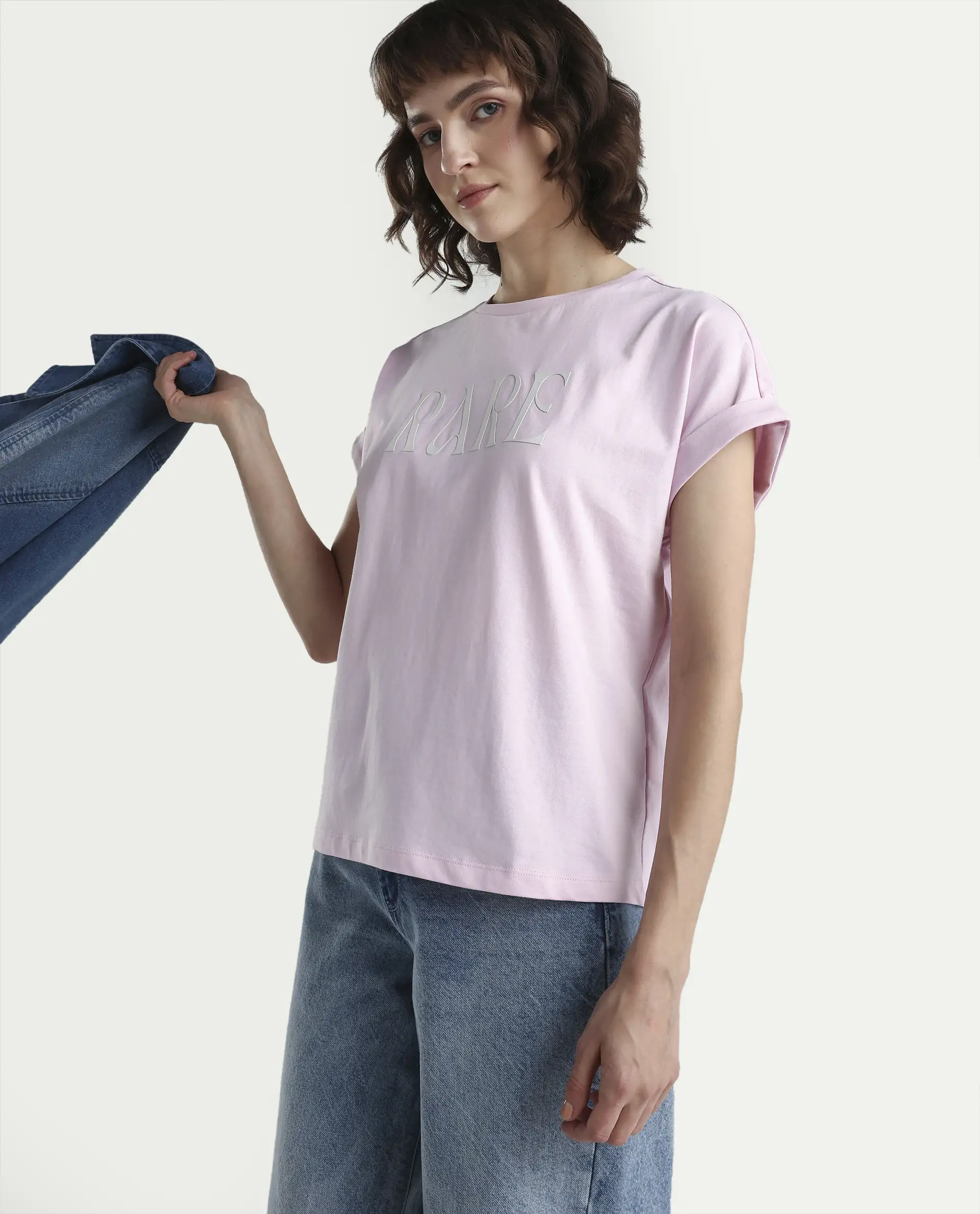 Rareism Women's Bhars Light Pink Viscose Blend Half Sleeve Regular Fit Printed T-Shirt
