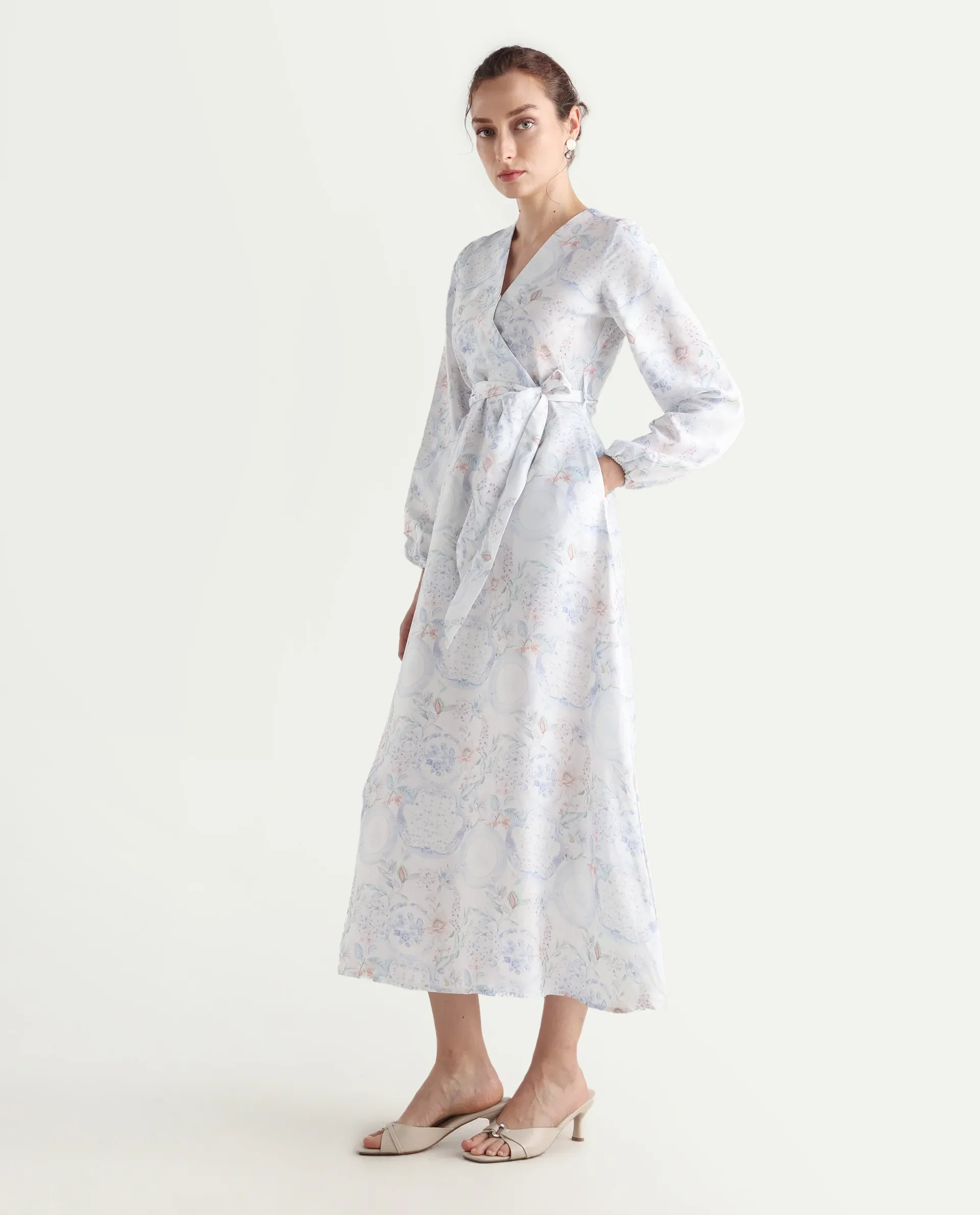 Rareism Women's Bhaxjo Light Multi Tencel V-Neck Abstract Print Midi A-Line Dress - Image 5