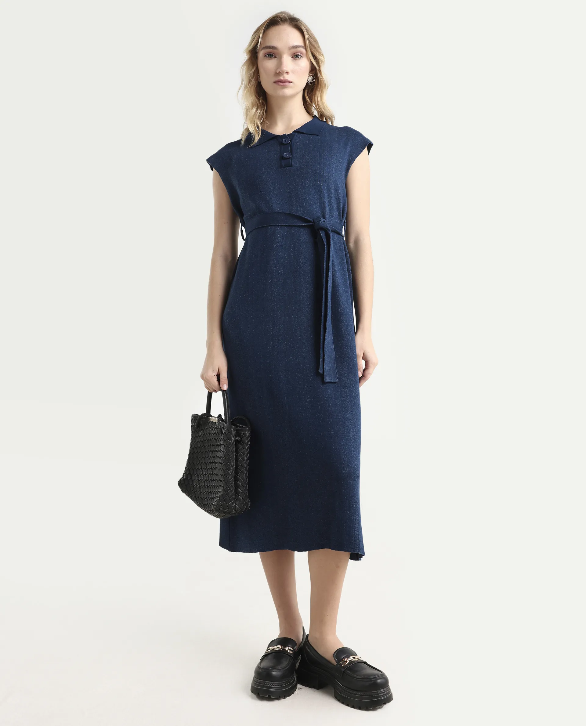 Rareism Women's Bhize Navy Viscose Blend Spread Collar Plain Extended Sleeves Midi Straight Fit Dress