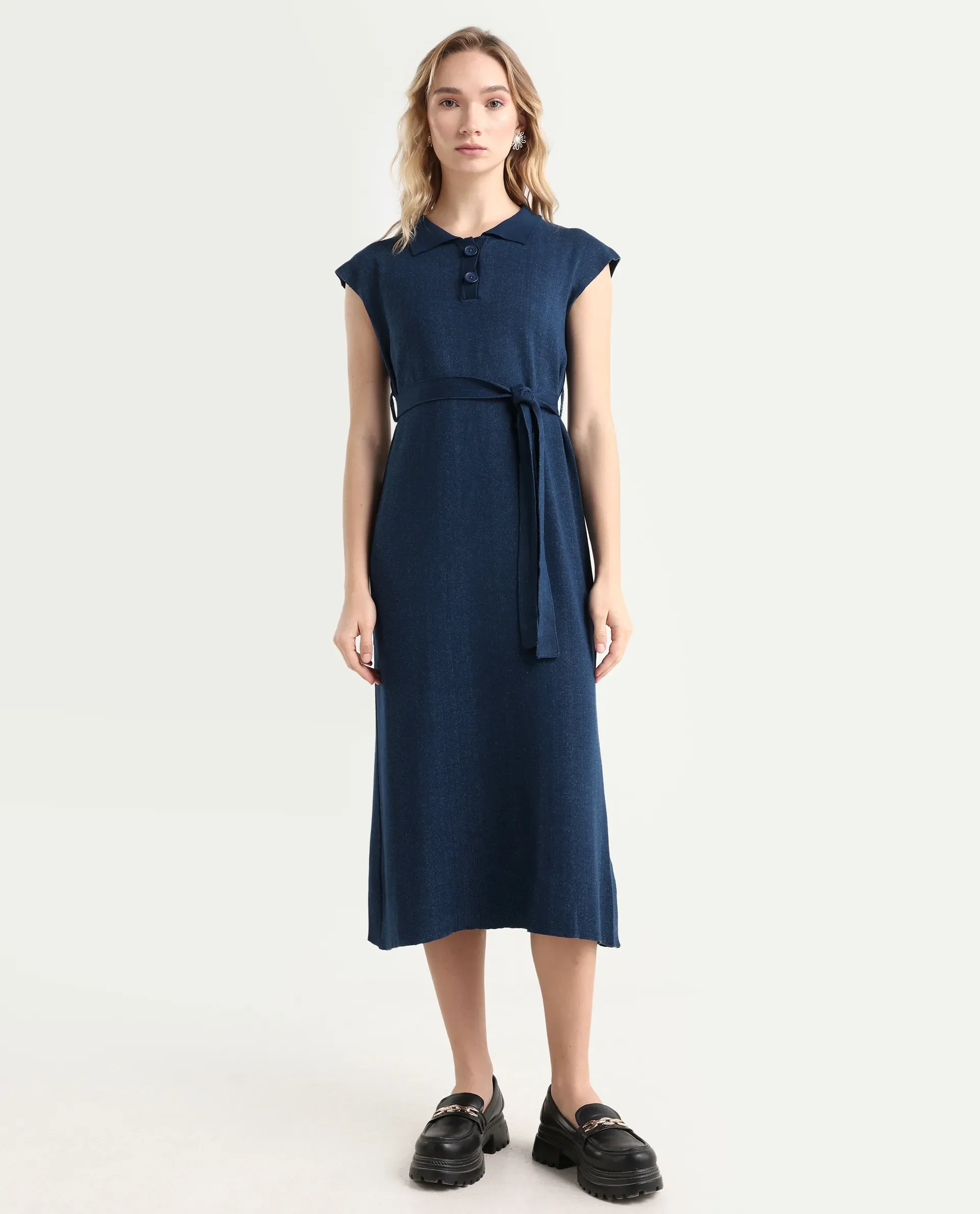 Rareism Women's Bhize Navy Viscose Blend Spread Collar Plain Extended Sleeves Midi Straight Fit Dress - Image 2