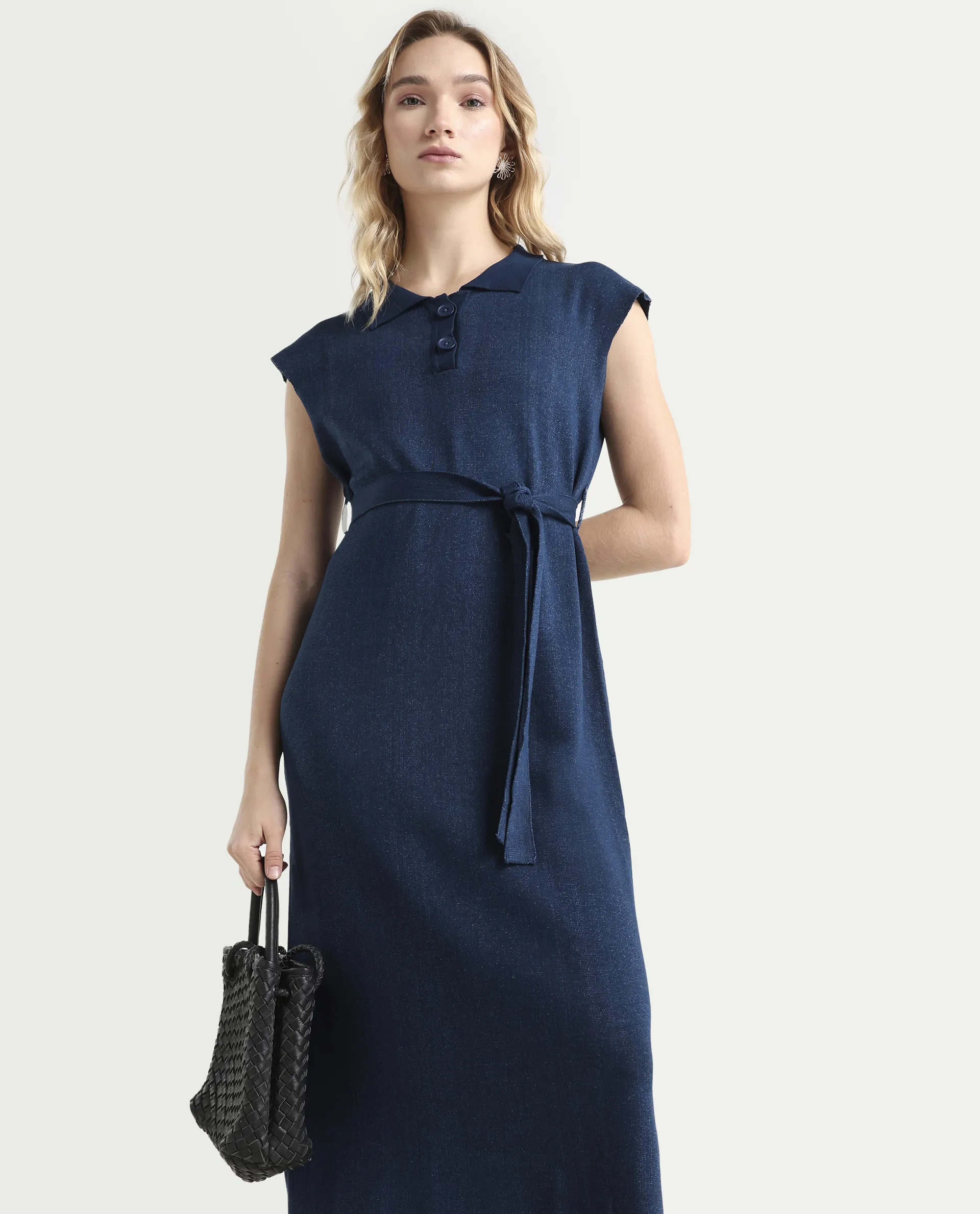 Rareism Women's Bhize Navy Viscose Blend Spread Collar Plain Extended Sleeves Midi Straight Fit Dress - Image 3