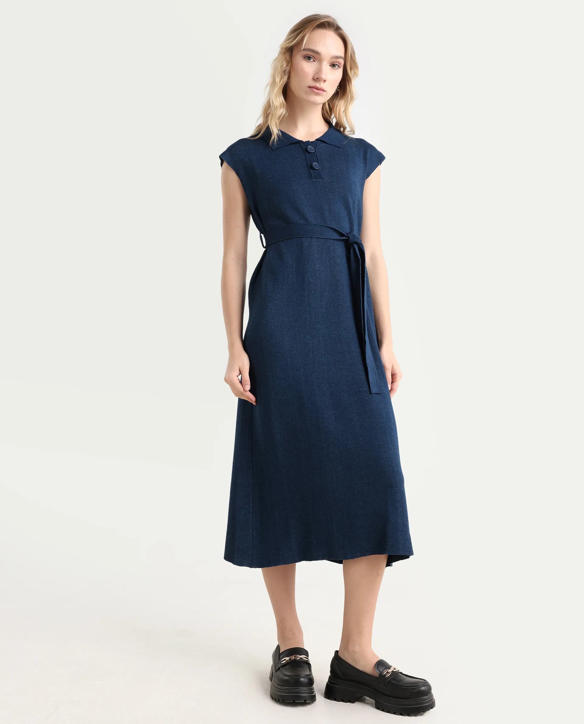 Rareism Women's Bhize Navy Viscose Blend Spread Collar Plain Extended Sleeves Midi Straight Fit Dress - Image 6