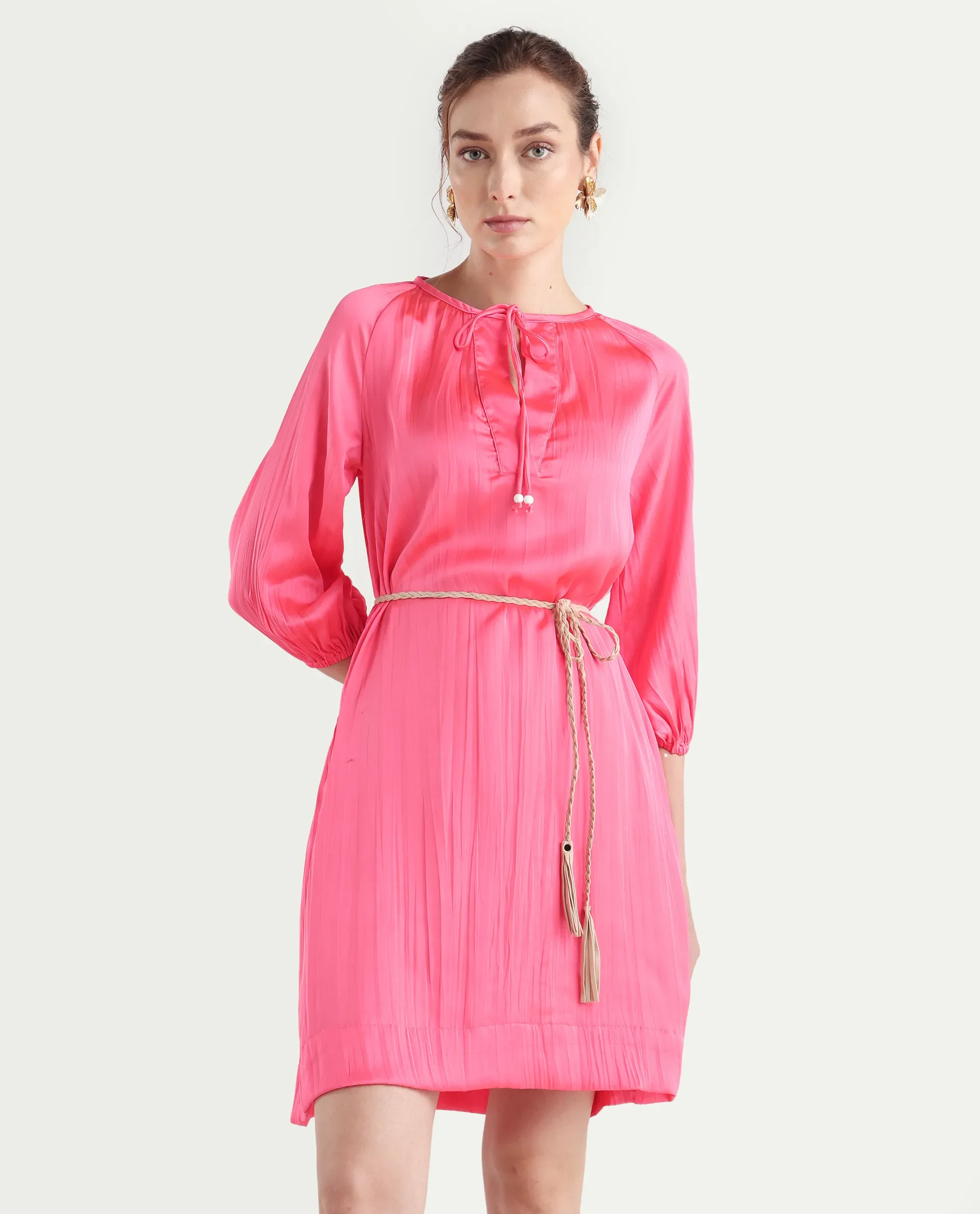 Rareism Women's Biere Flouroscent Pink Polyester Tie-Up Neck Plain Raglan Sleeve Mini Relaxed Fit Dress - Image 3