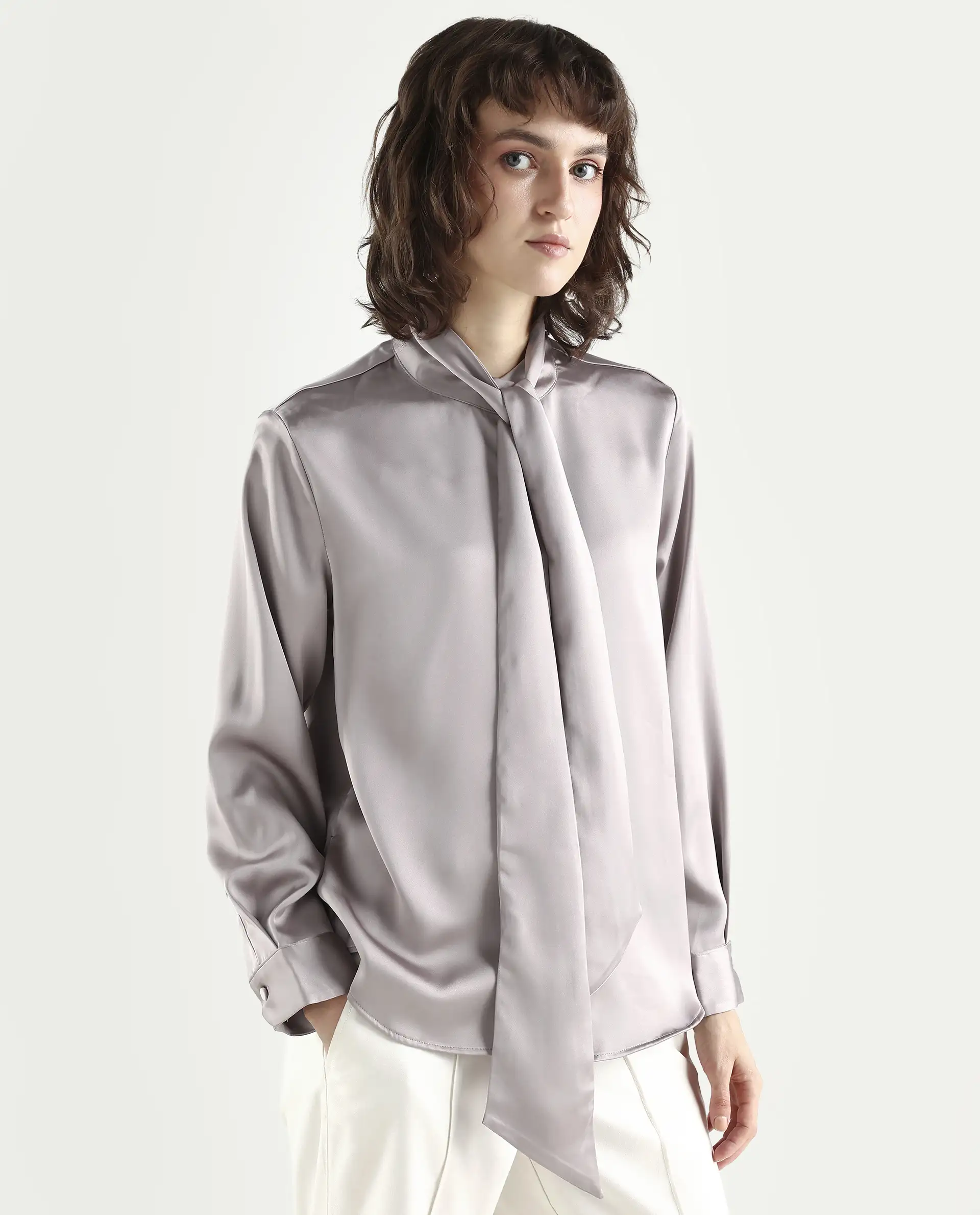 Rareism Women's Bingol Dusky Beige Polyester Mandarin Collar Plain Cuffed Sleeve Regular Fit Shirt - Image 6