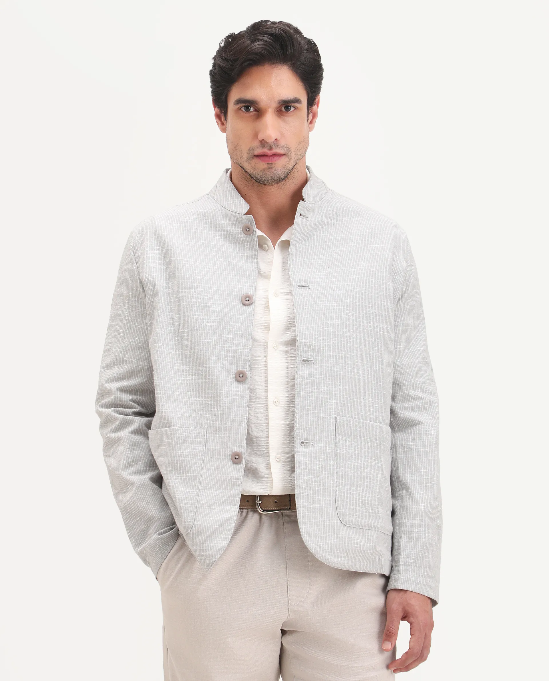 Rare Rabbit Men's Bira-J Light Grey Linen Blend Fabric Full Sleeve Mandarin Collar Regular Fit Striped Shacket - Image 4
