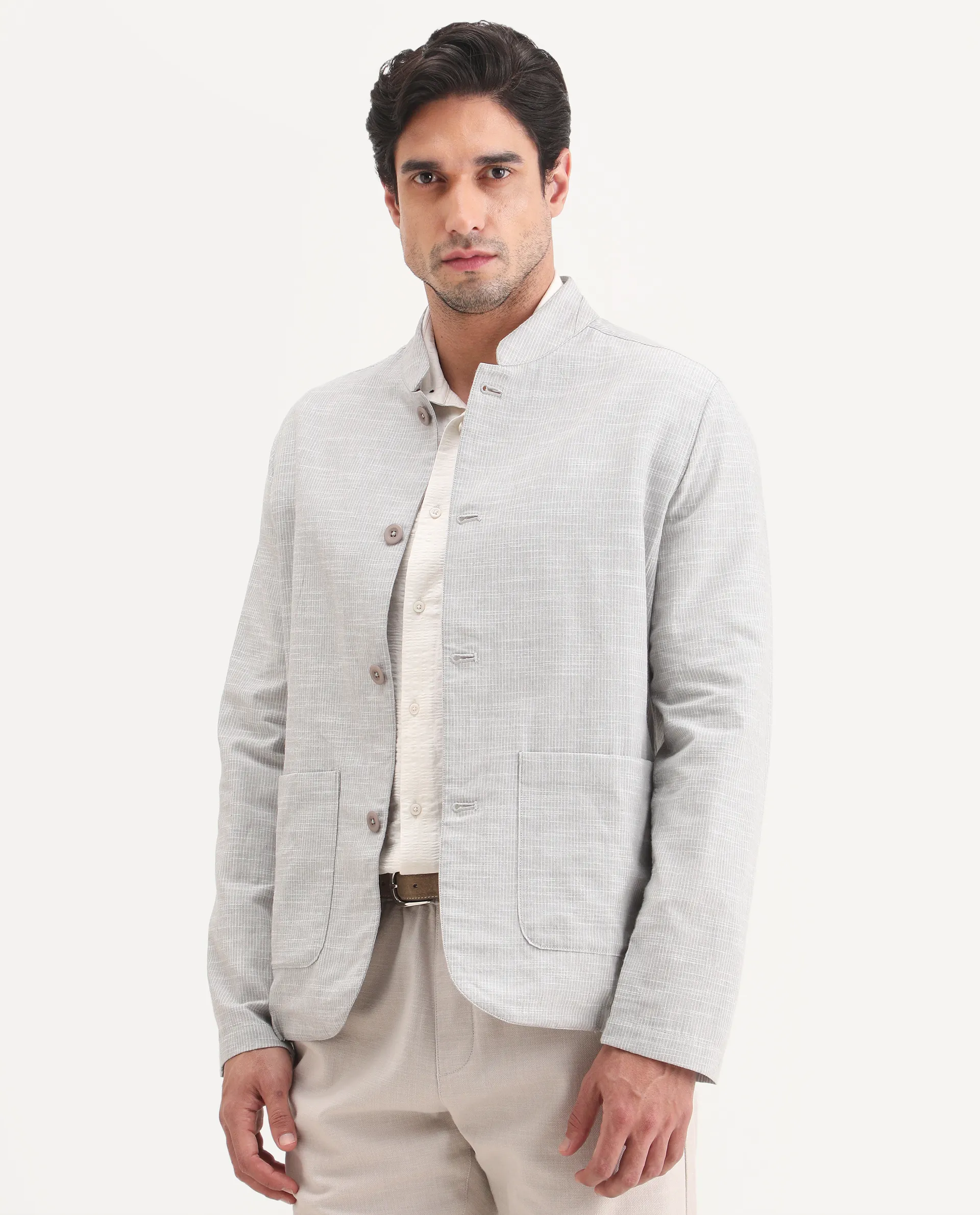 Rare Rabbit Men's Bira-J Light Grey Linen Blend Fabric Full Sleeve Mandarin Collar Regular Fit Striped Shacket - Image 6