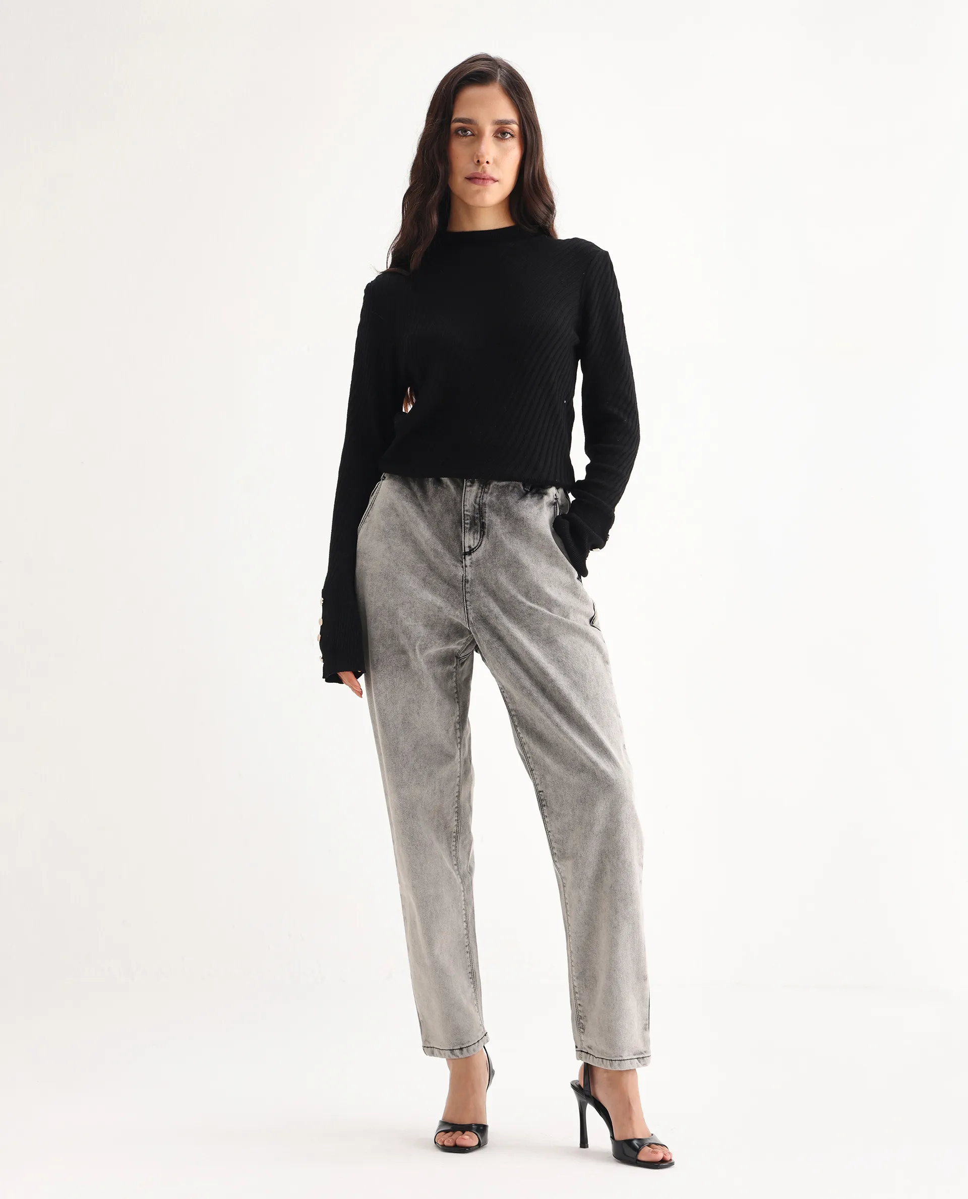 Rareism Women's Birdwing Black Cotton Blend Plain Ankle Length Tailored Jeans - Image 5