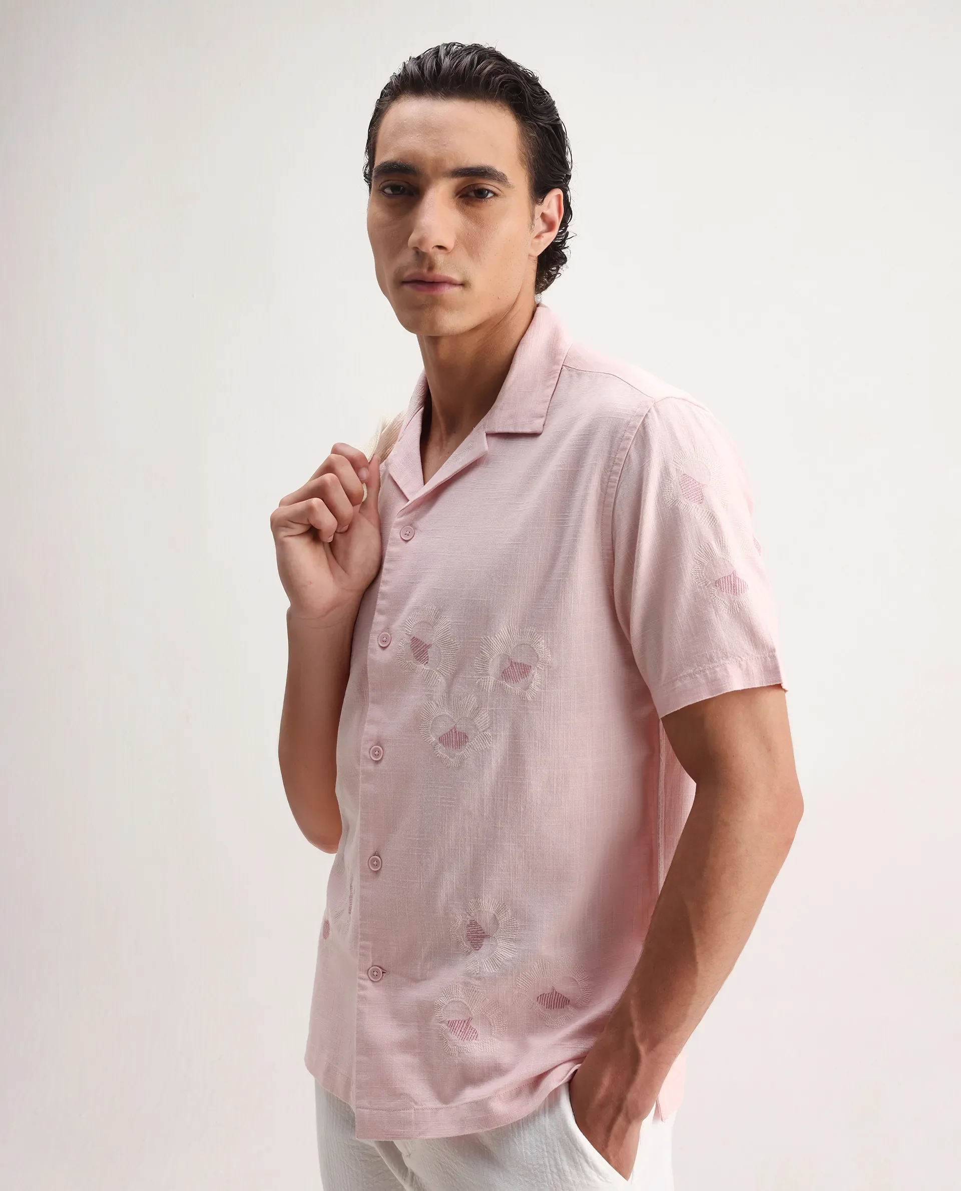 Rare Rabbit Men's Birk Pink Cotton Blend Embroidered Boxy Fit Half Sleeve Cuban Collar Shirt