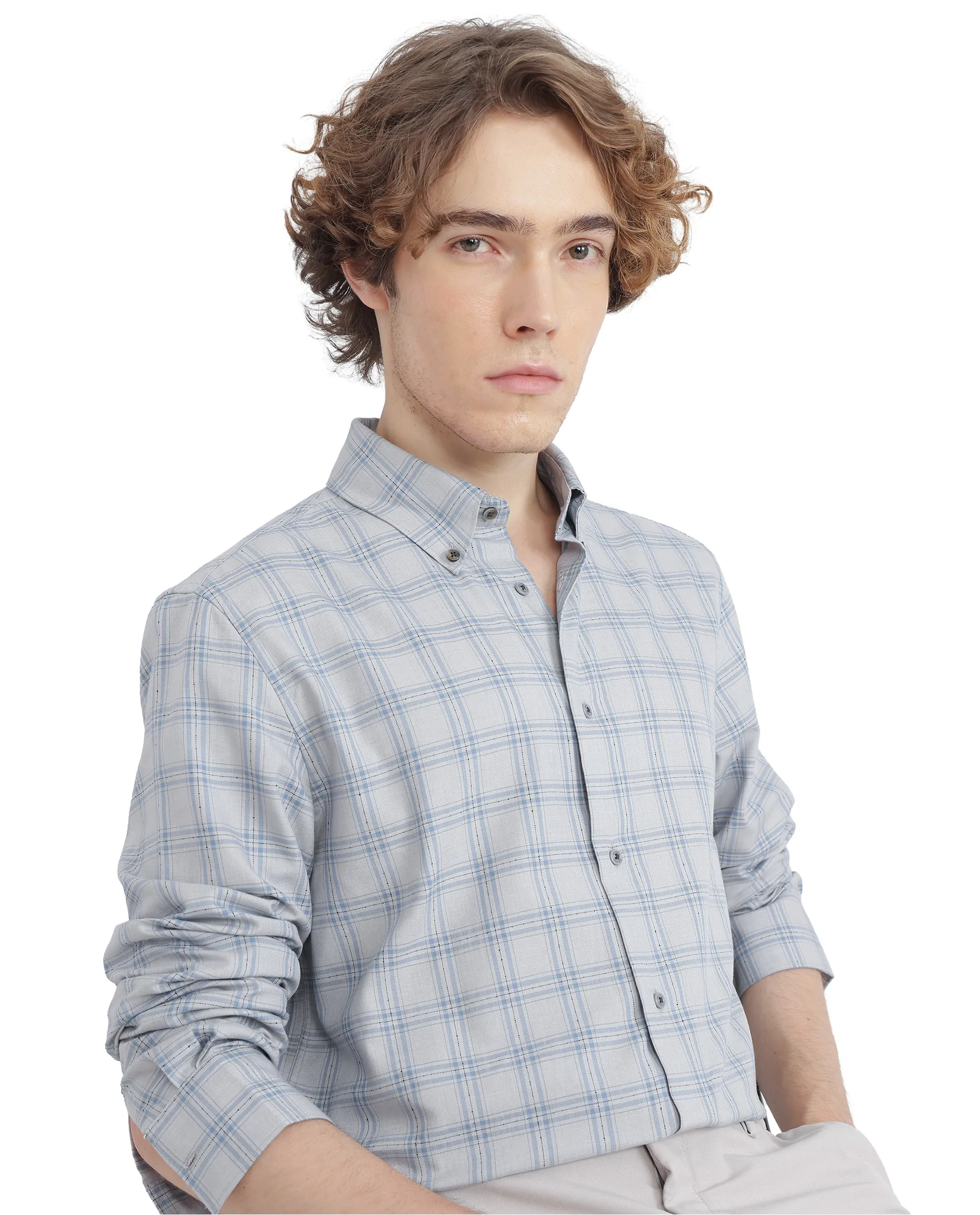 Rare Rabbit Men's Blase Light Grey Checked Print Regular Fit Full Sleeve Collared Shirt
