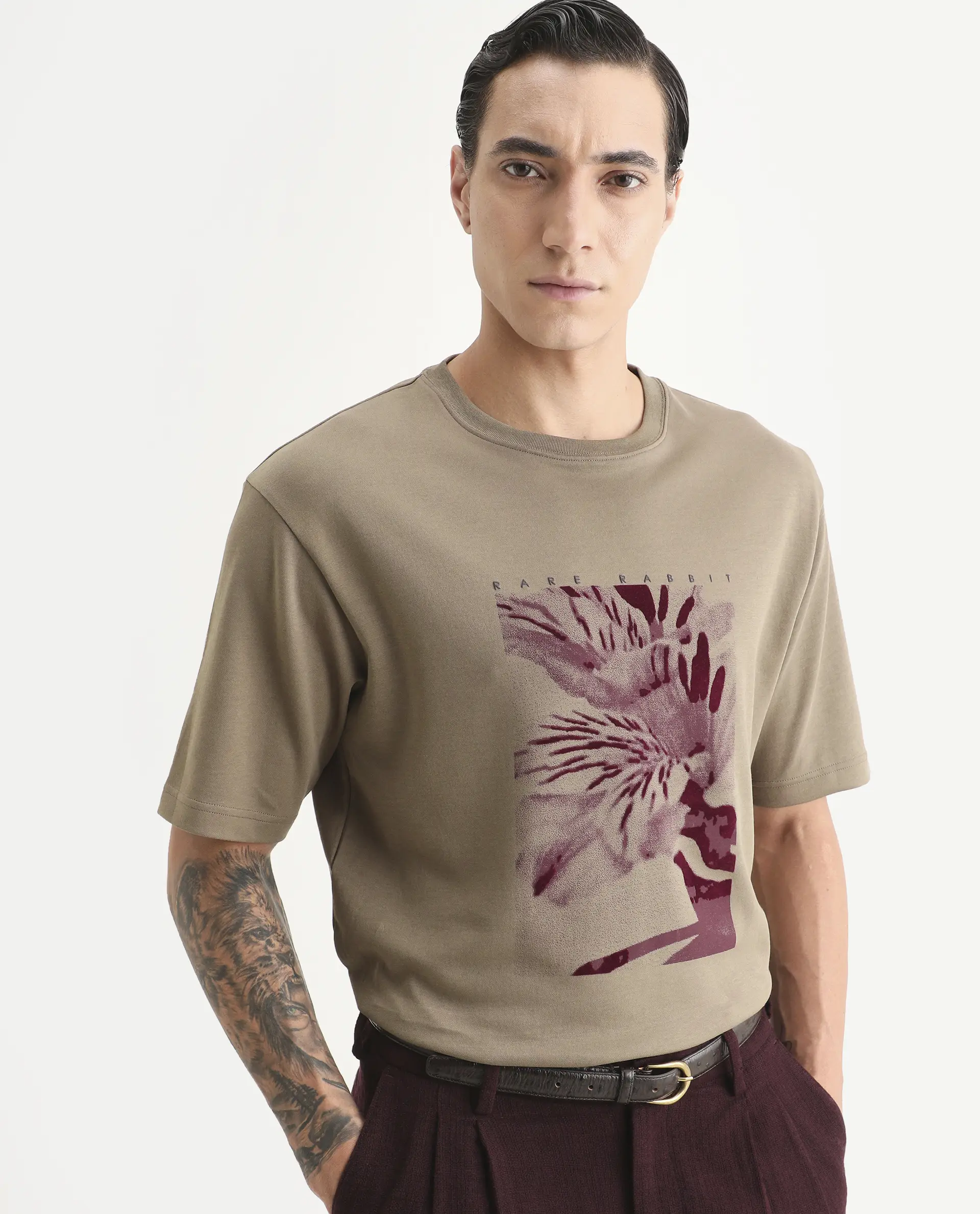 Rare Rabbit Men's Blend Light Olive Cotton Blend Fabric Half Sleeve Crew Neck Oversize Graphic Print T-Shirt