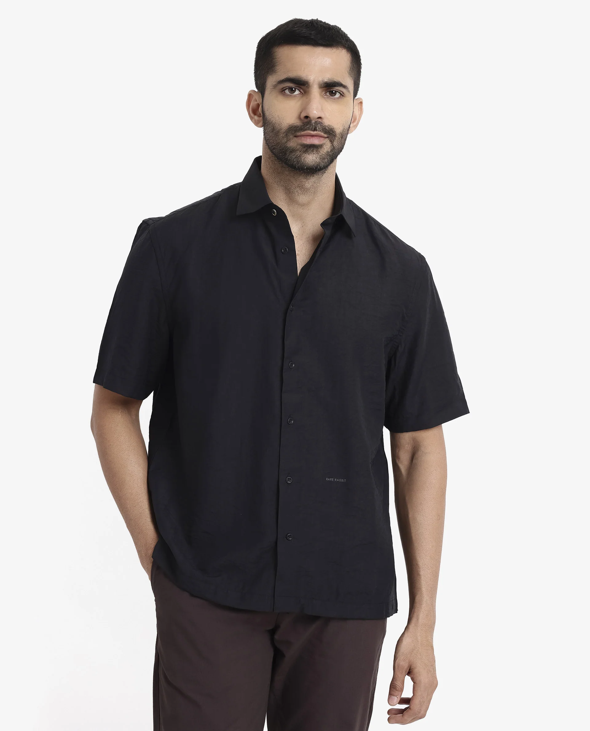 Rare Rabbit Men's Blois Black Viscose Plain Boxy Fit Half Sleeve Collared Shirt