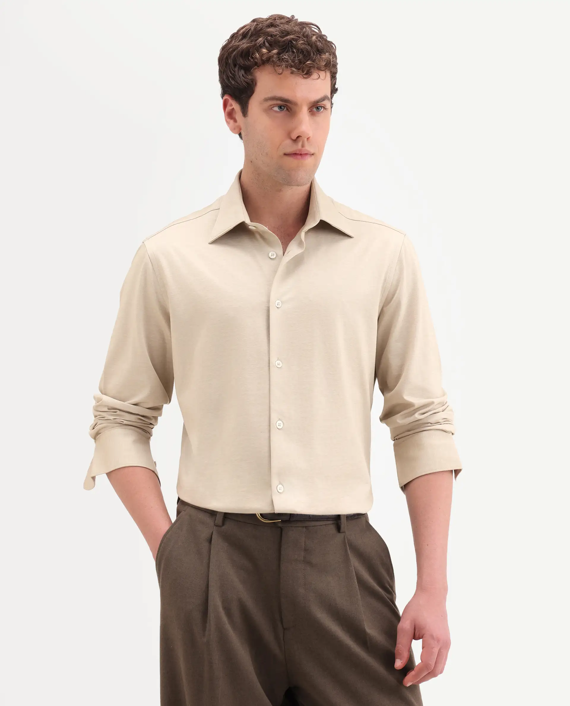 Rare Rabbit Men's Bogi Light Beige Cotton Blend Full Sleeve Spread Collar Regular Fit Plain Shirt