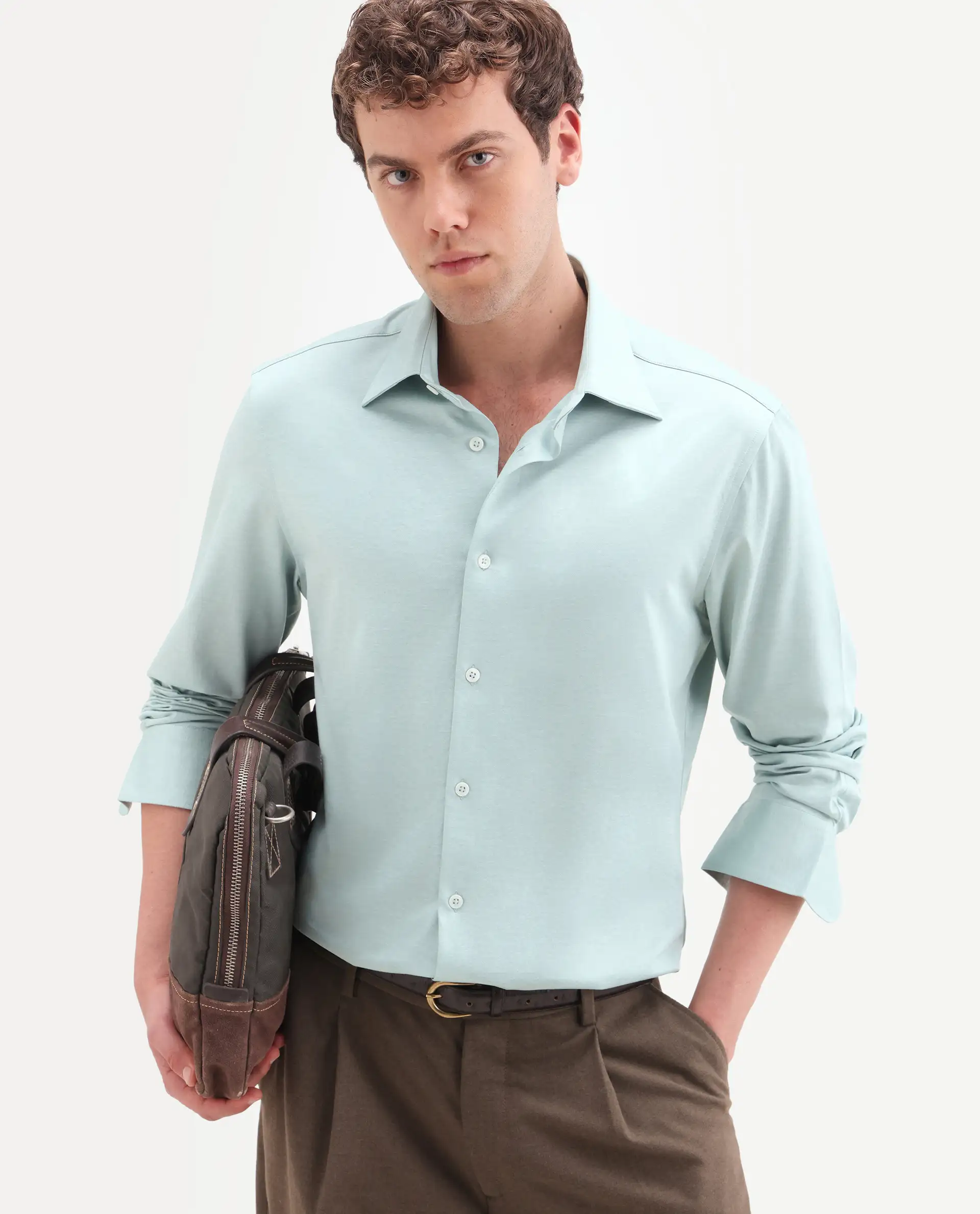 Rare Rabbit Men's Bogi Light Green Cotton Blend Full Sleeve Spread Collar Regular Fit Plain Shirt